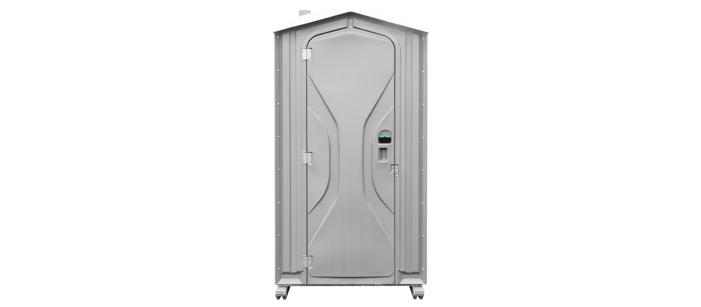 Light gray portable restroom with a single door and basic ventilation features.