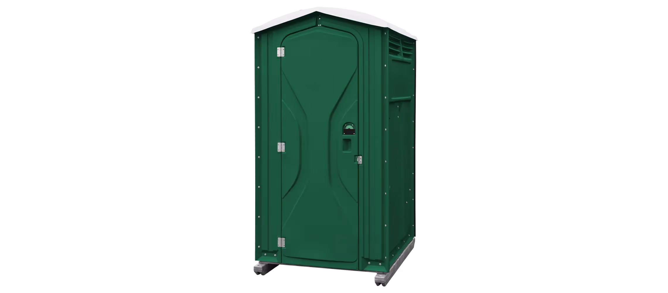 Green portable toilet with a sloped roof and a ventilation panel on top.