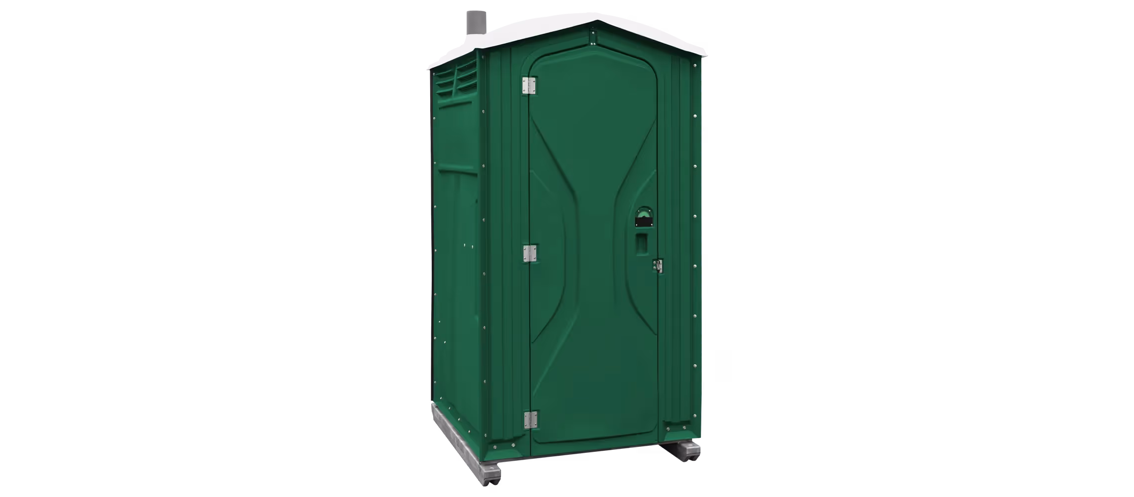 Portable toilet in forest green color with a peaked roof and vent at the top.