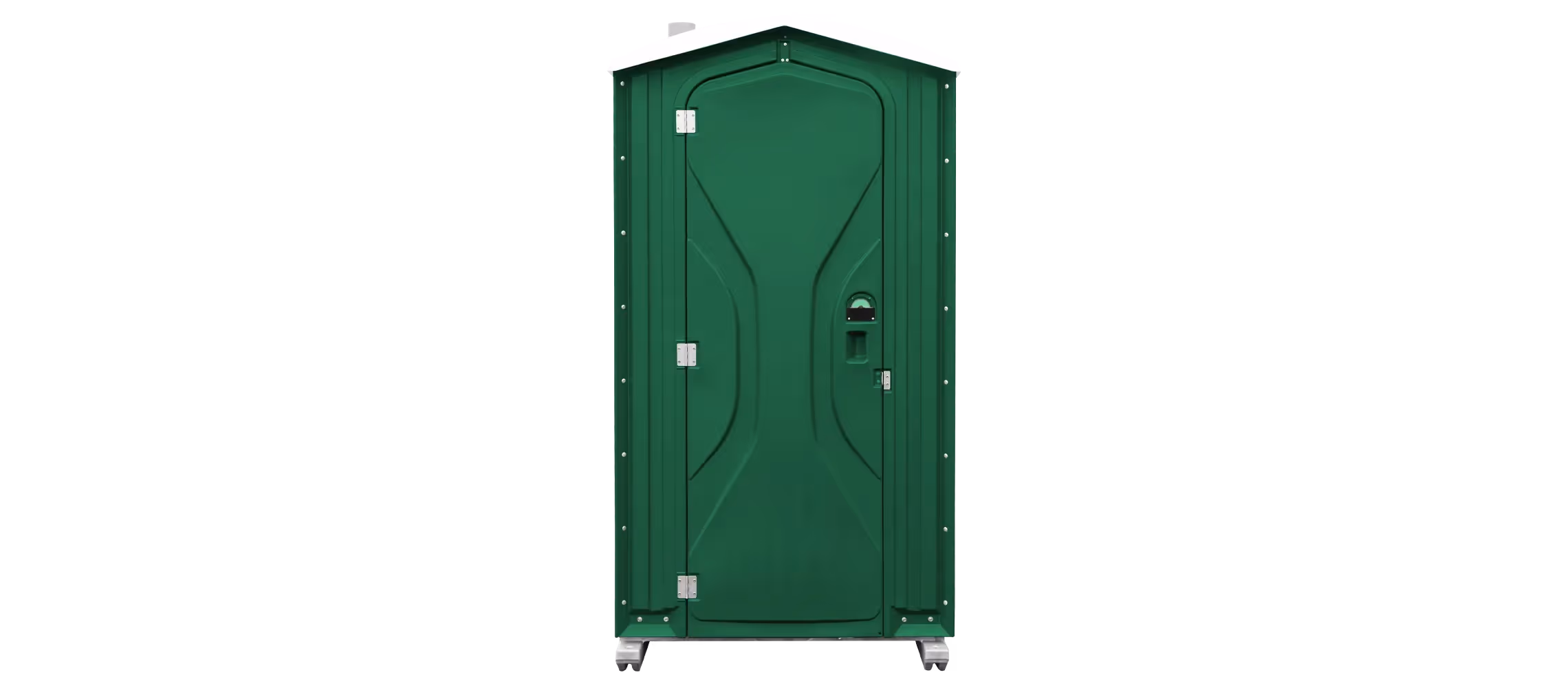 Green portable toilet with a curved roof and a single door, set against a black background.