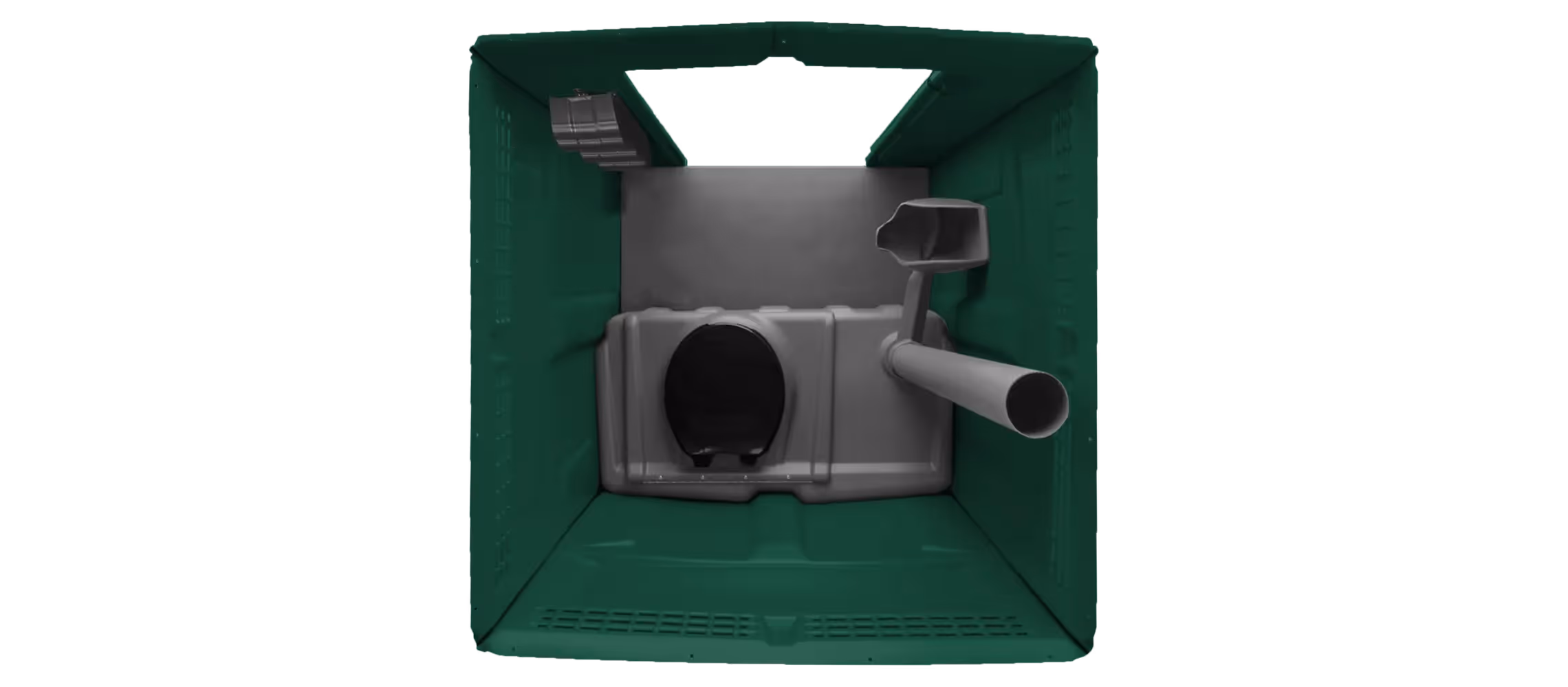 Interior view of a portable toilet with a black seat and waste pipe in a green enclosure.