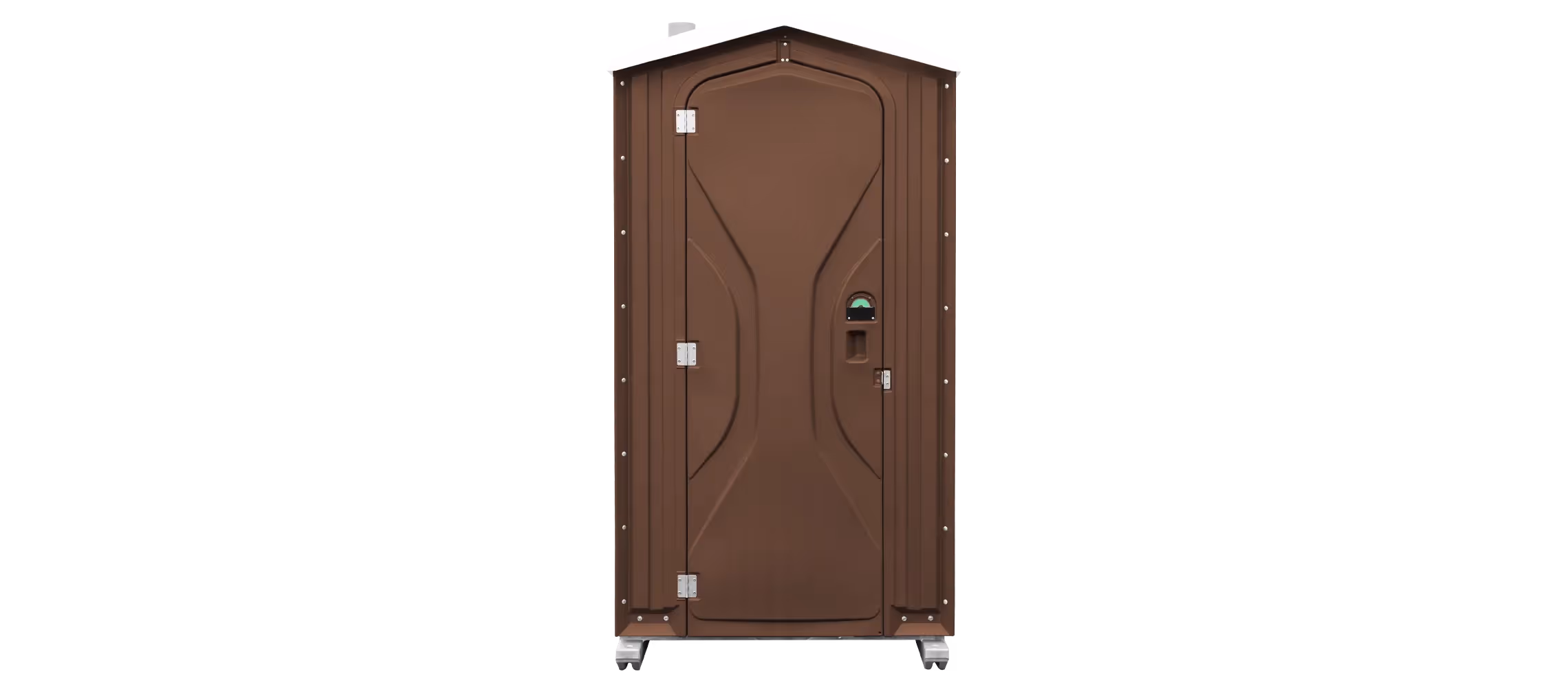 Brown portable restroom with a slanted roof and a front door, on wheels for easy mobility.