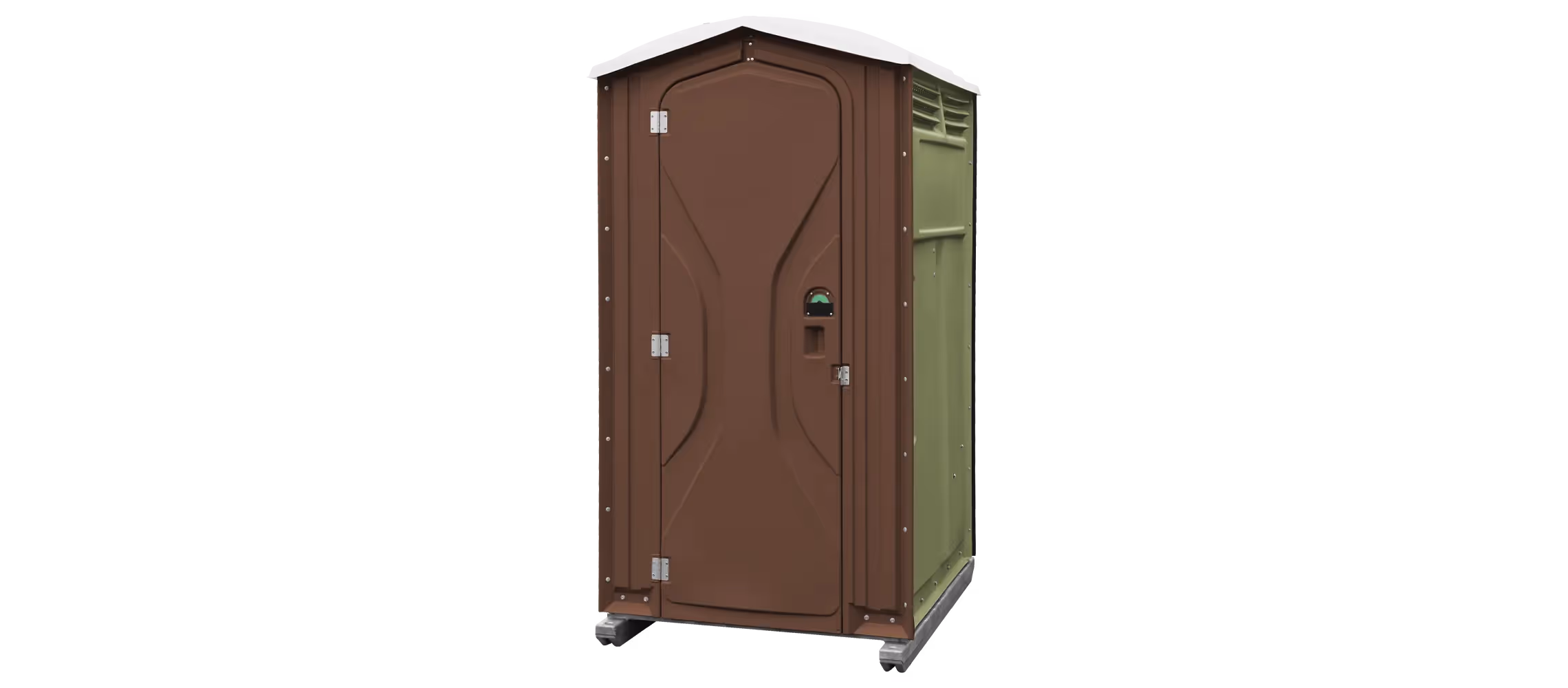 Brown and green portable restroom with a slanted roof and vent at the top.