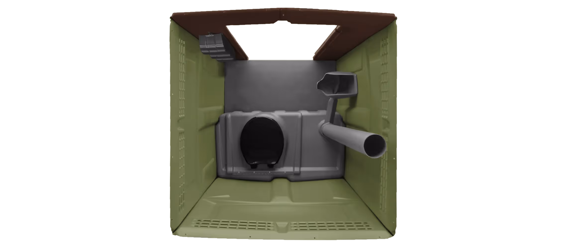 Interior view of a green portable toilet with a black toilet seat and a waste pipe.