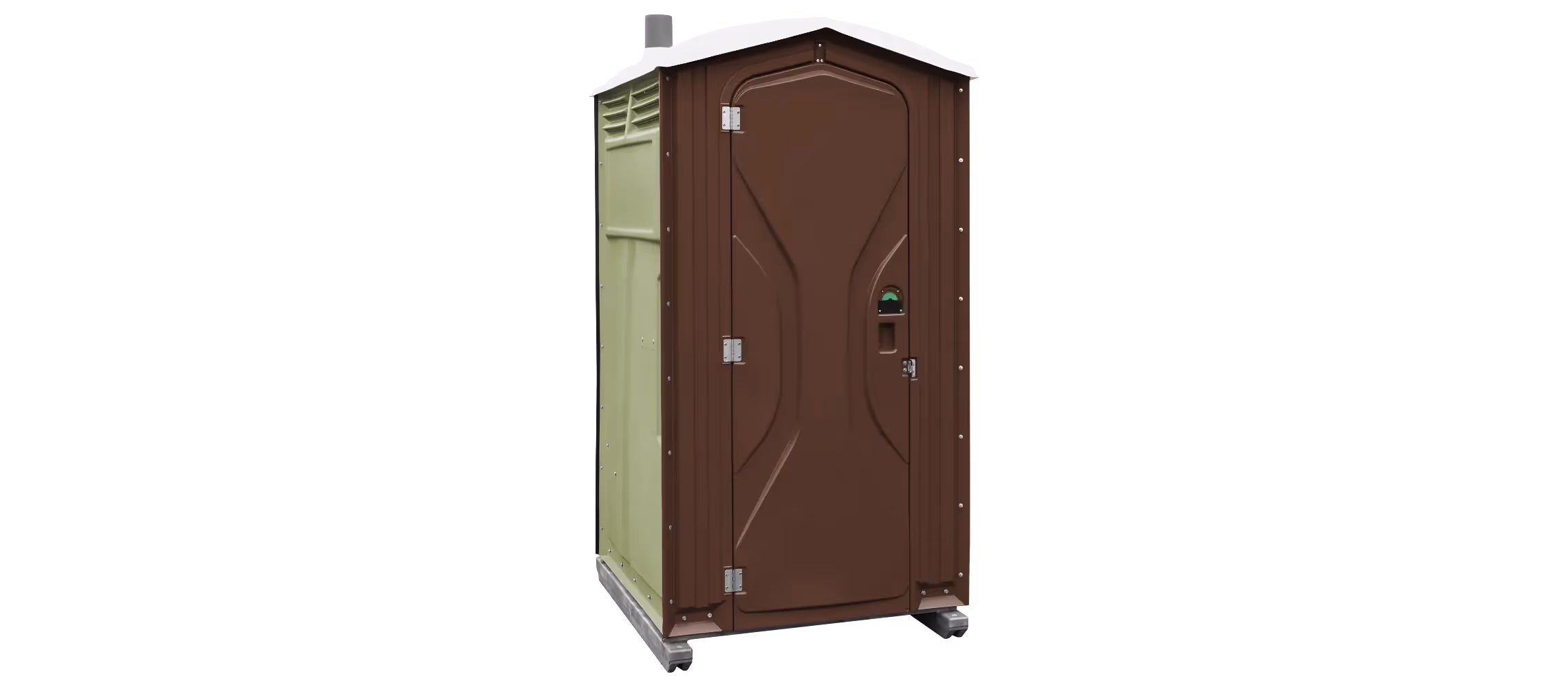 Portable toilet with a brown door and green side panels, featuring a locking mechanism.