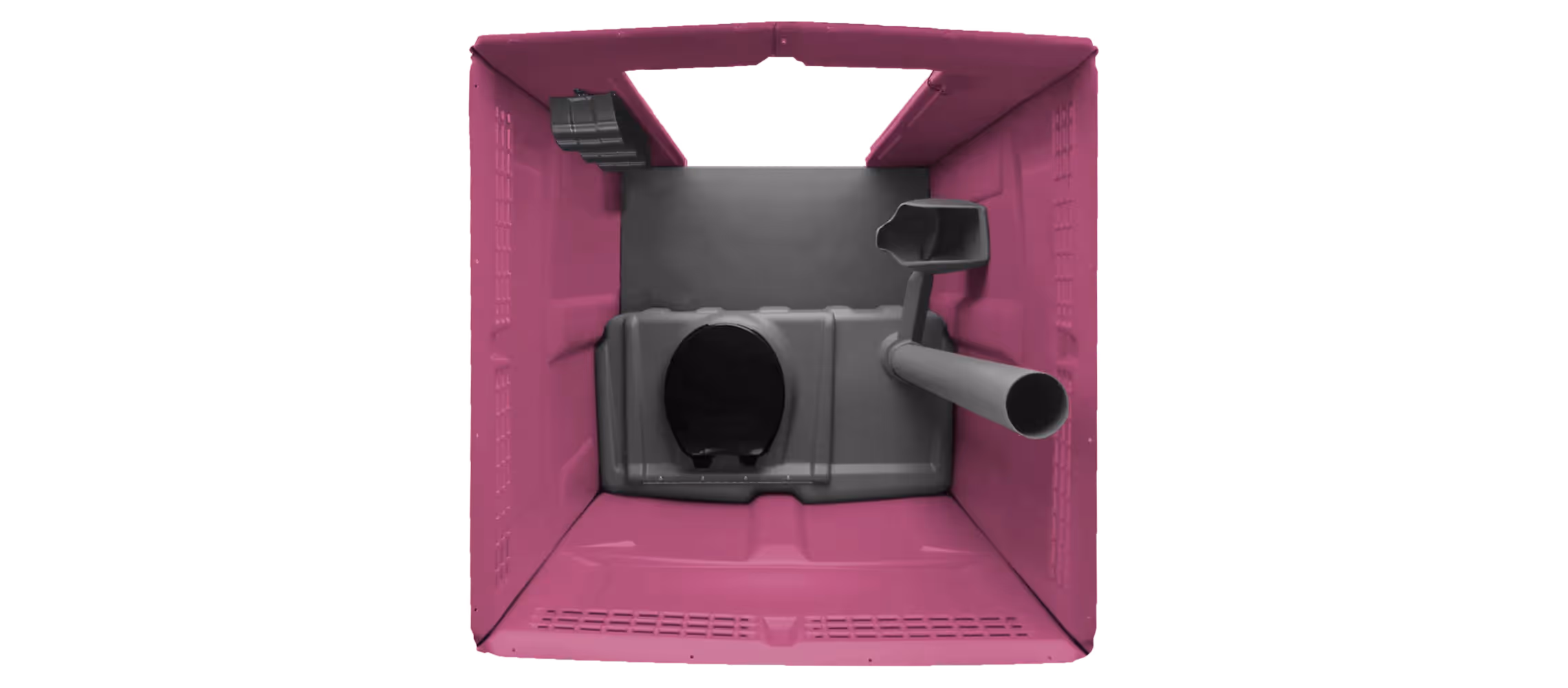 Interior view of a pink portable restroom, featuring a toilet and waste pipe.