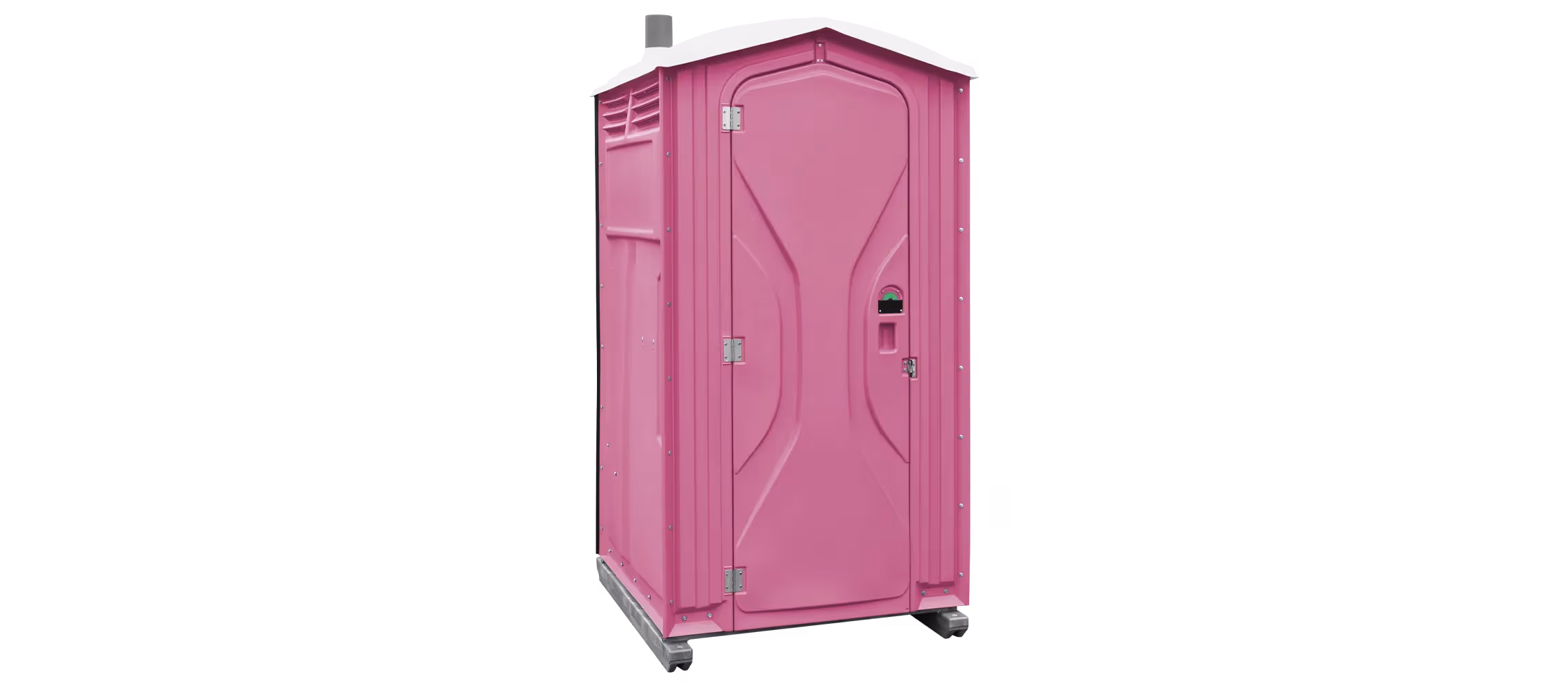 Pink portable toilet with a slanted roof and a latch on the door, set against a black background.