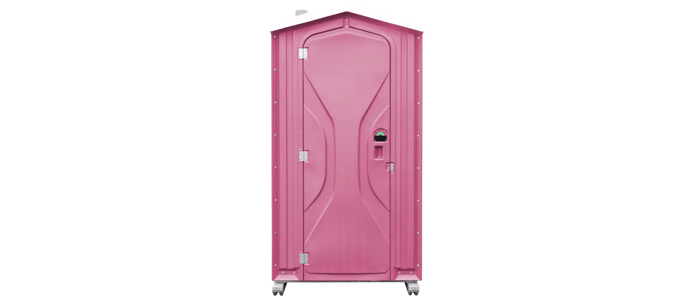Portable pink restroom with a single door and a small vent at the top.