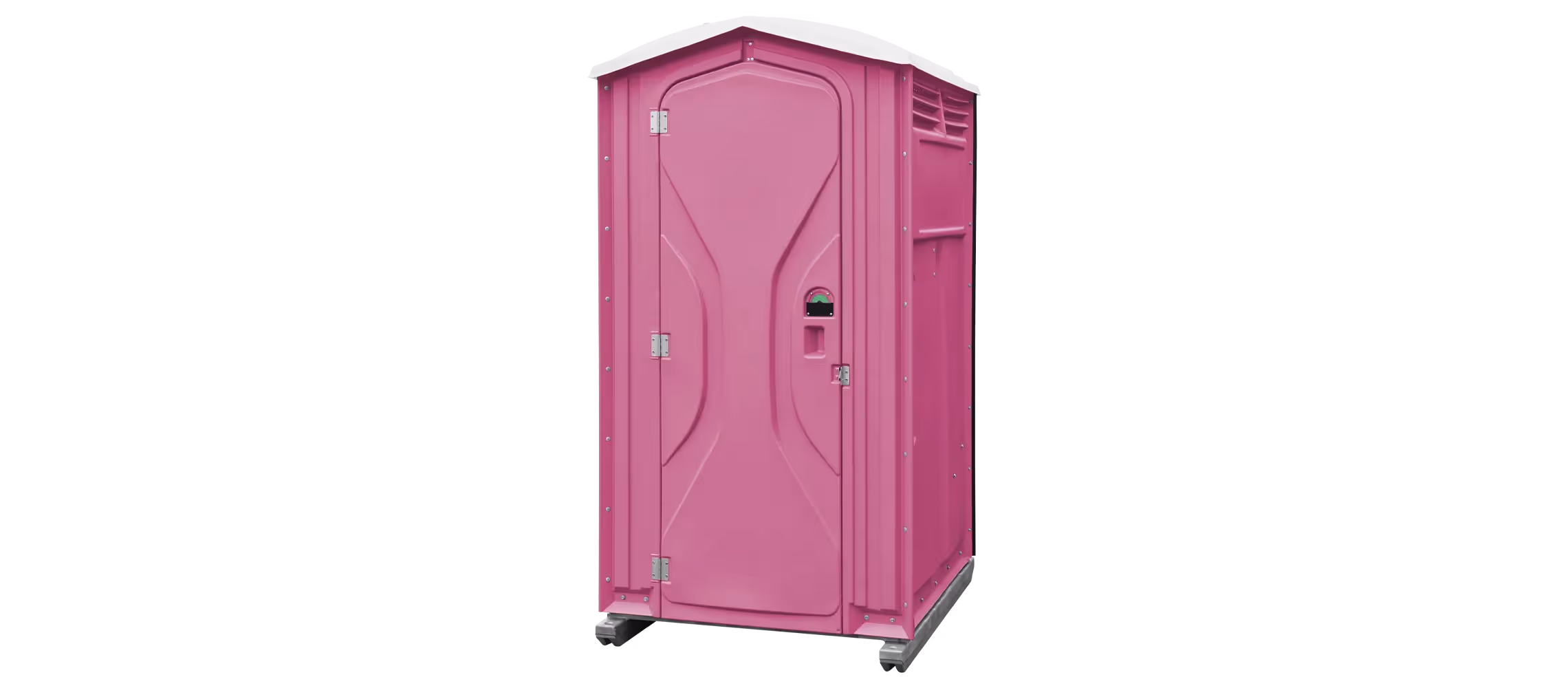 Pink portable toilet with a slanted roof and ventilation at the top. Features a door and lock.