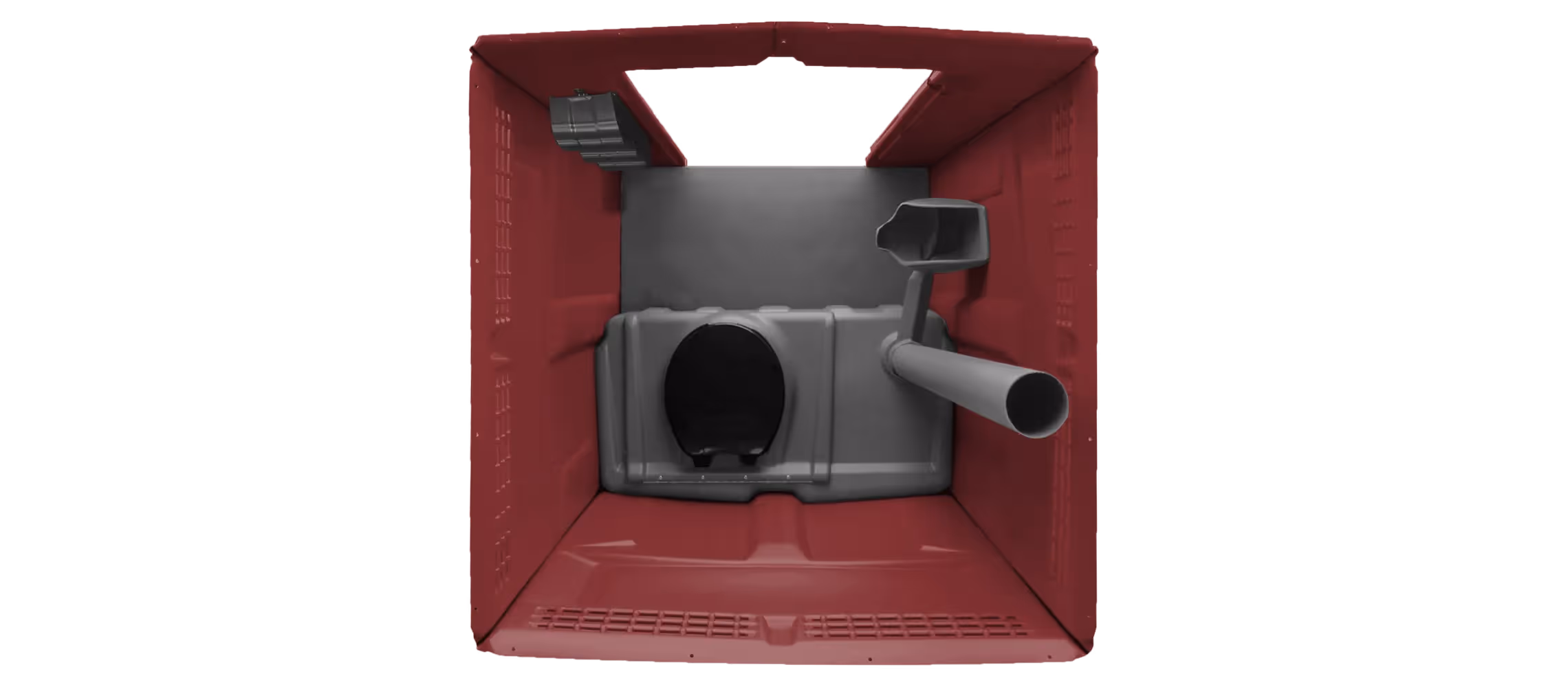 Inside view of a maroon portable toilet showing the interior, seat, and waste pipe.