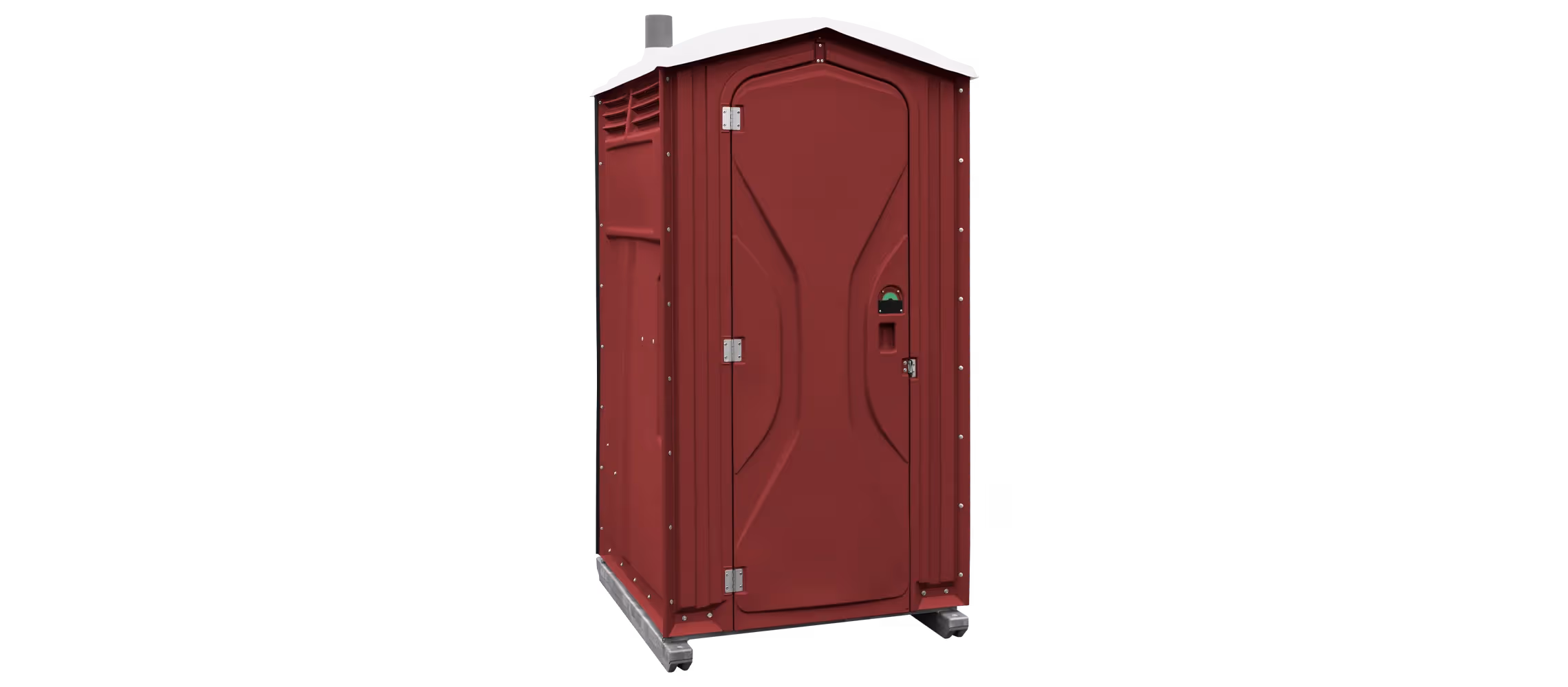 Maroon portable restroom with a curved roof and single door, featuring ventilation slits.