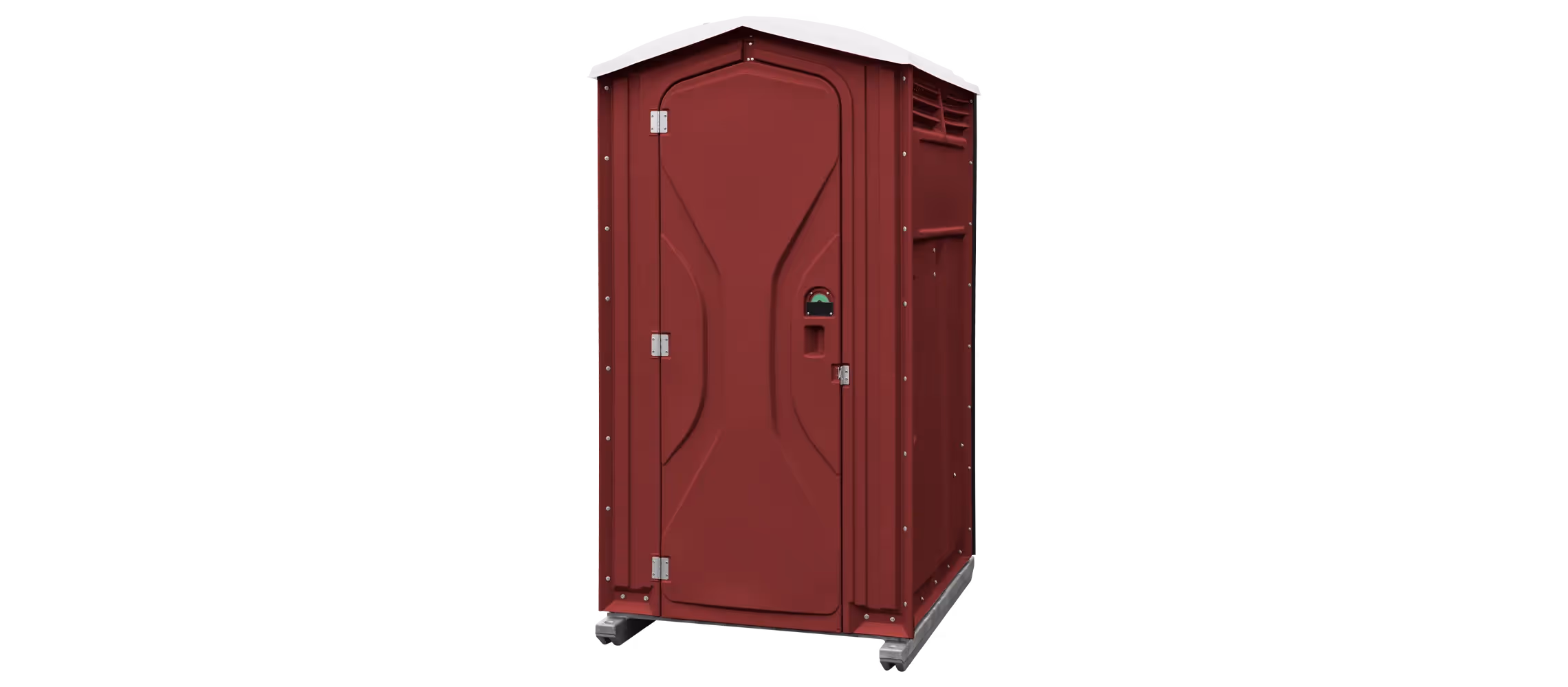 Portable toilet unit in maroon color with a sloped roof and ventilation at the top.