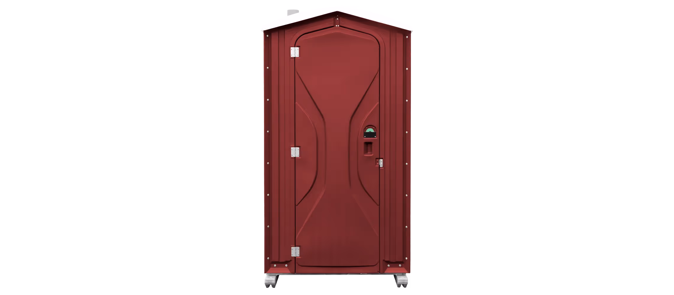 Maroon portable toilet with a secure door and ventilation, set against a black background.
