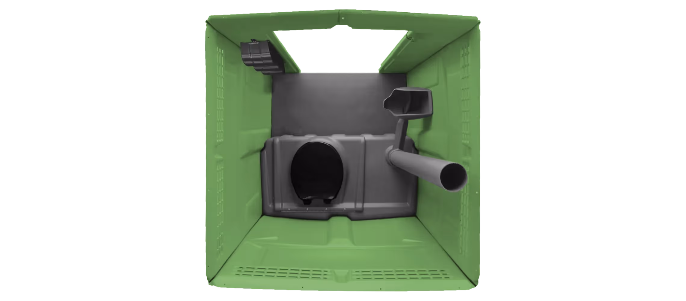 Interior view of a green Tufway-Lime container with various compartments and attachments.