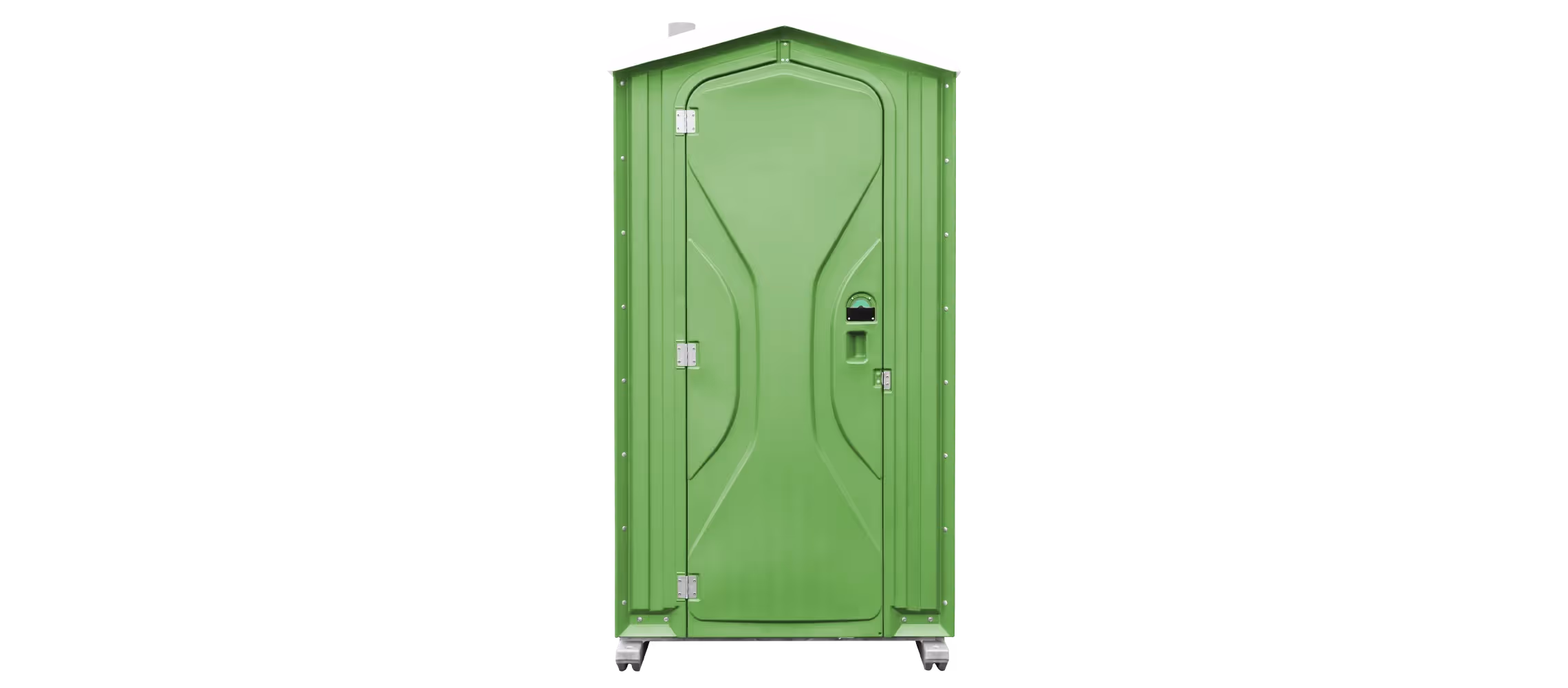 Green portable toilet on wheels with a sloped roof and front door.