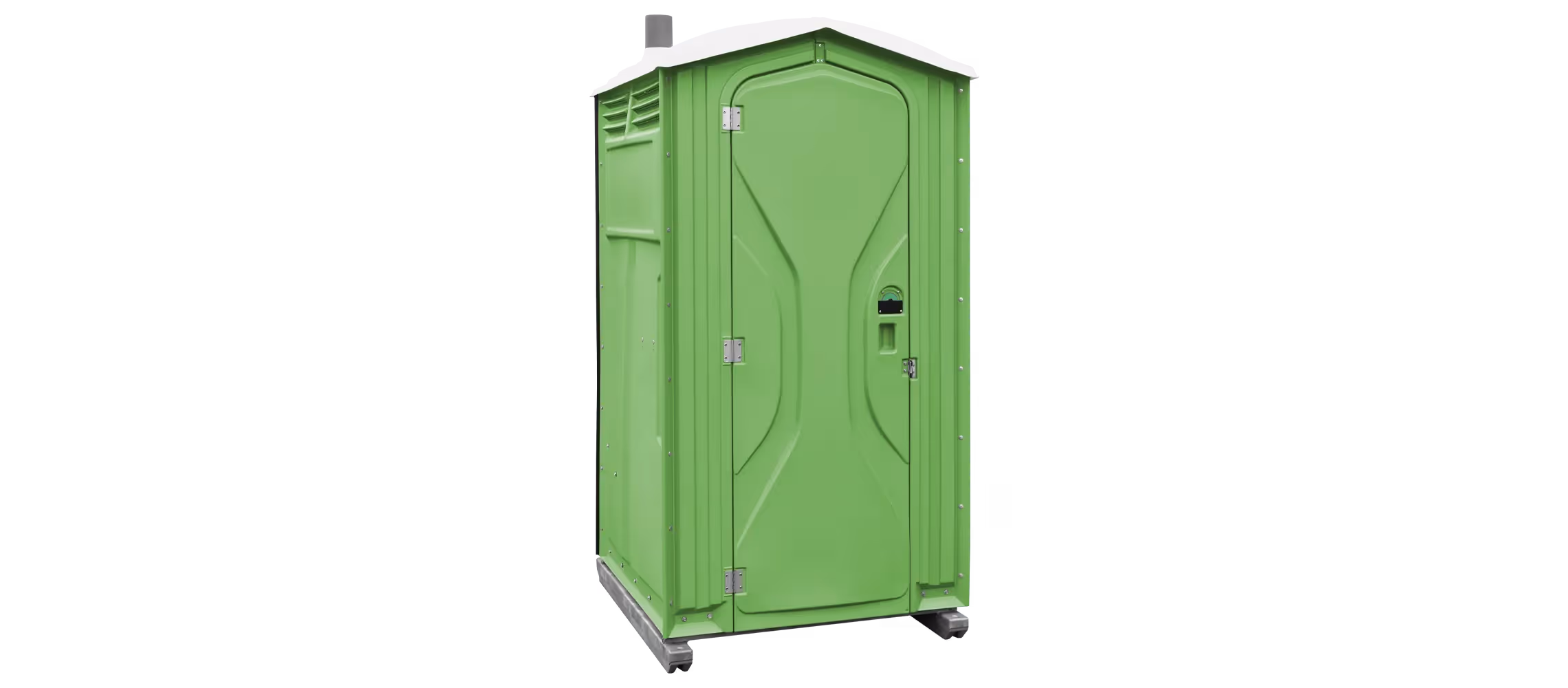 Green portable restroom with a peaked roof and side ventilation, mounted on wheels.