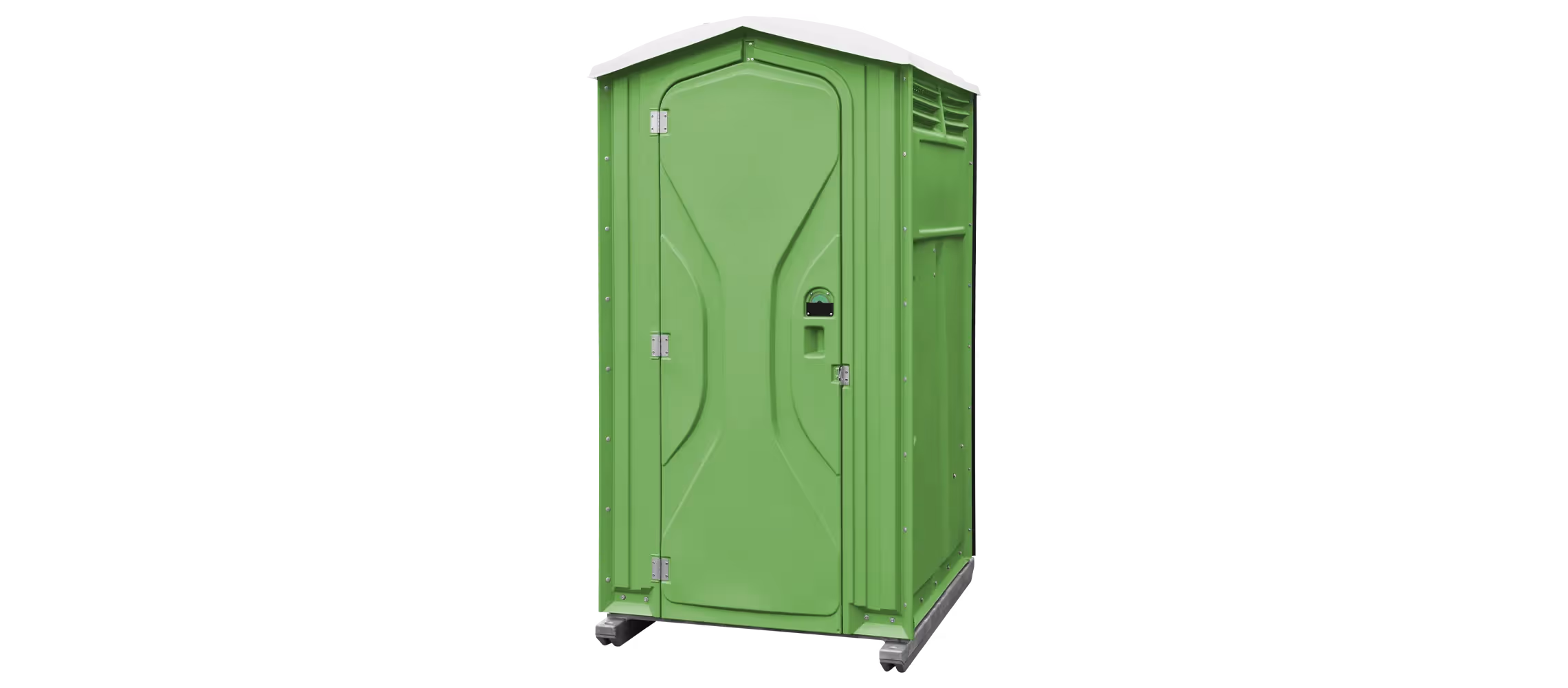 Portable green restroom with a slanted roof and ventilation panels. Silver locking mechanisms.