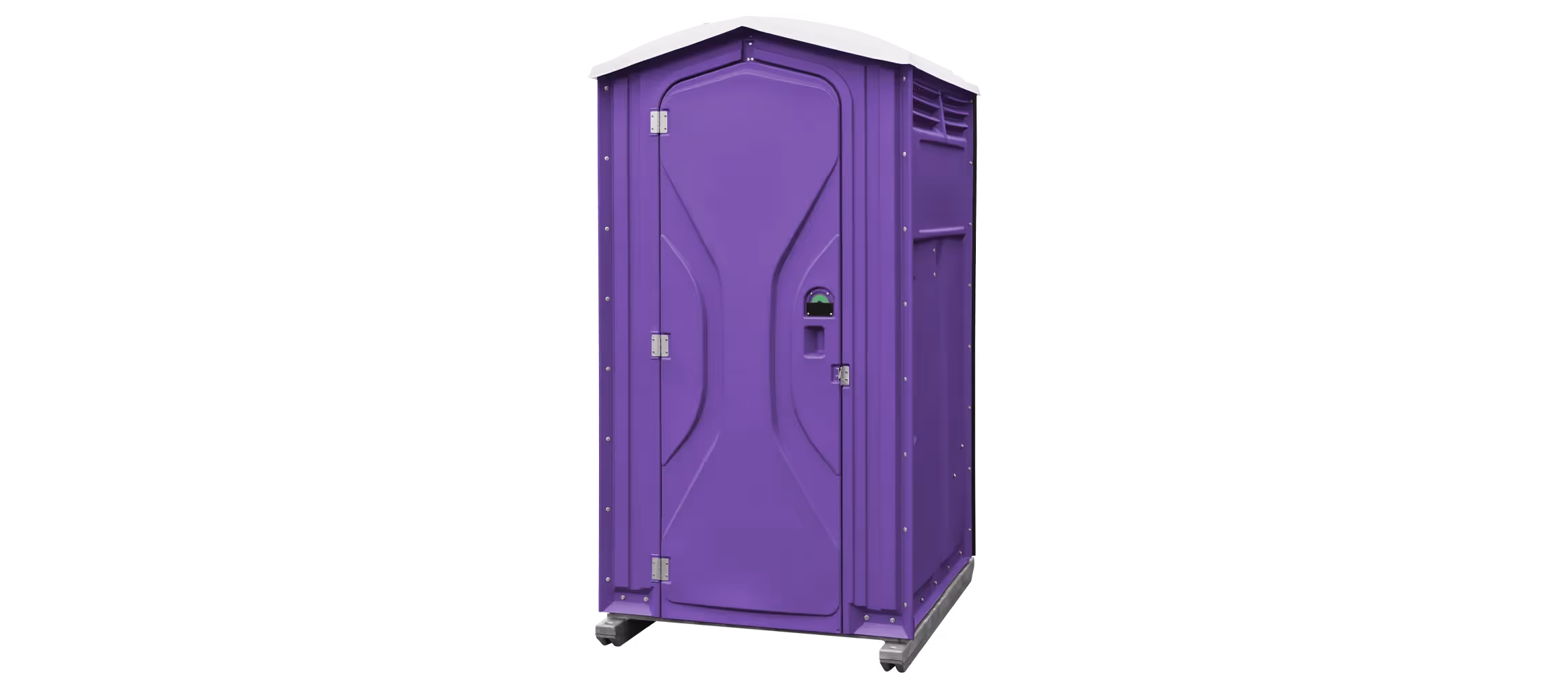 Purple portable toilet with a curved roof and a lockable door.
