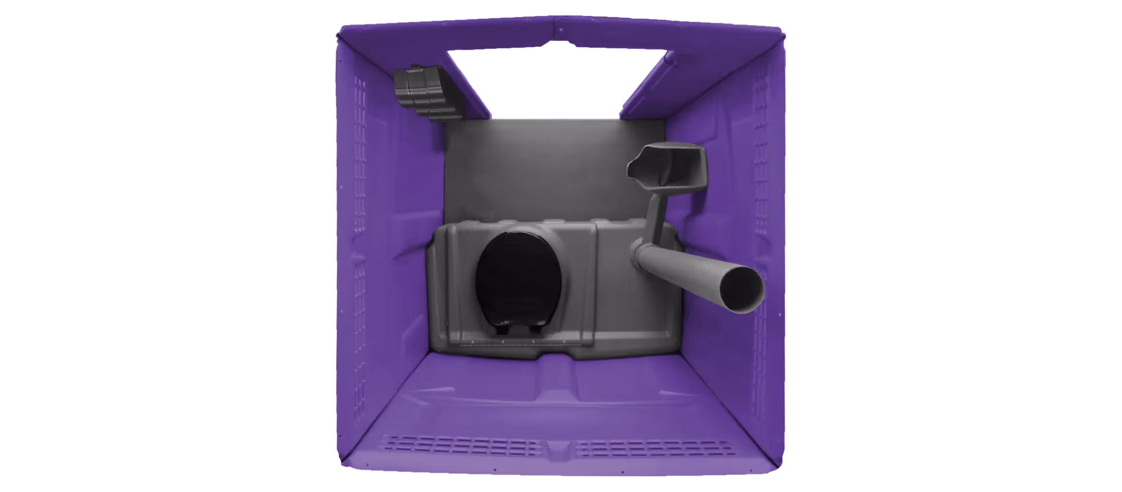 Interior view of a Tufway dog kennel in purple, featuring a circular entrance and ventilation pipe.
