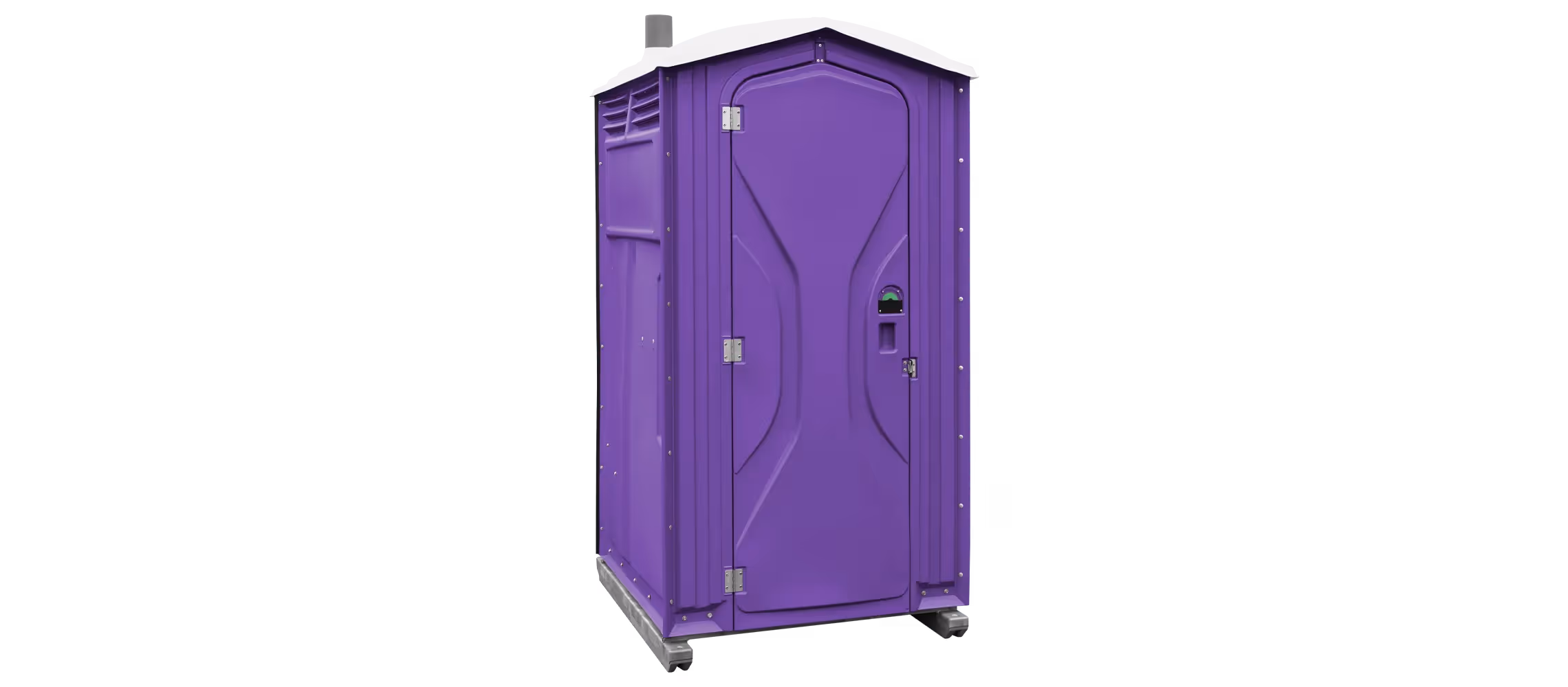A purple portable toilet with a front door and ventilation on the top.