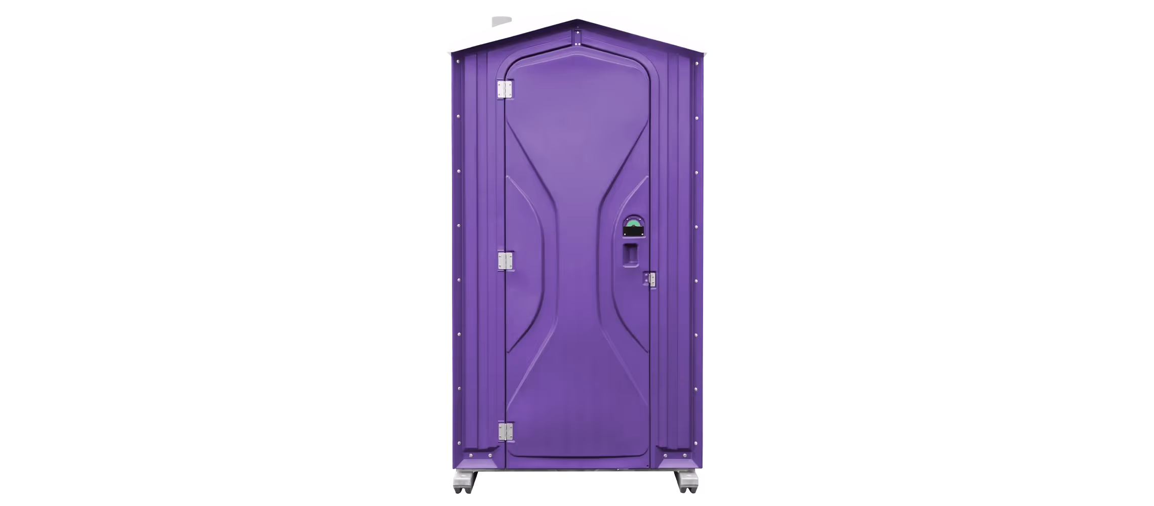 Purple portable toilet with a curved roof and a single door, mounted on wheels.