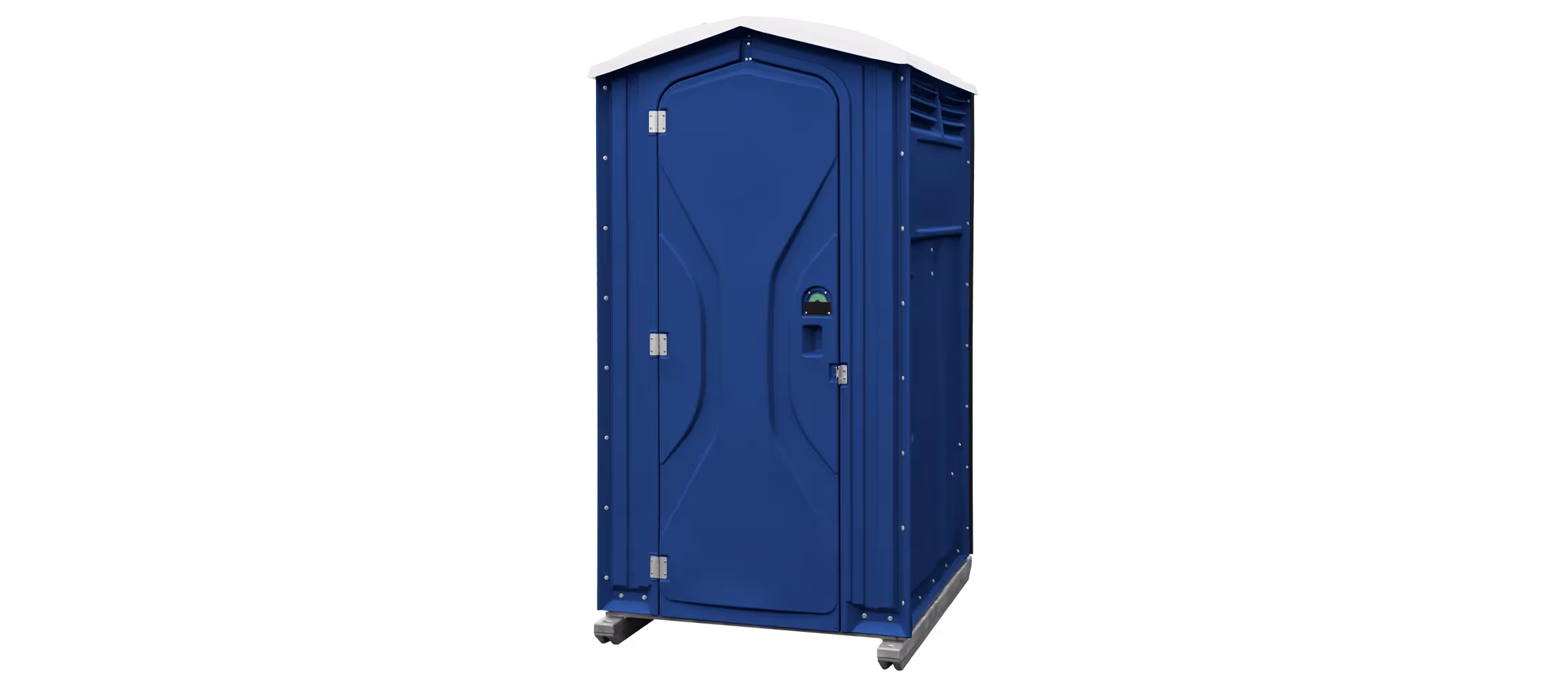 Portable toilet in dark blue with a peaked roof and ventilation panel.