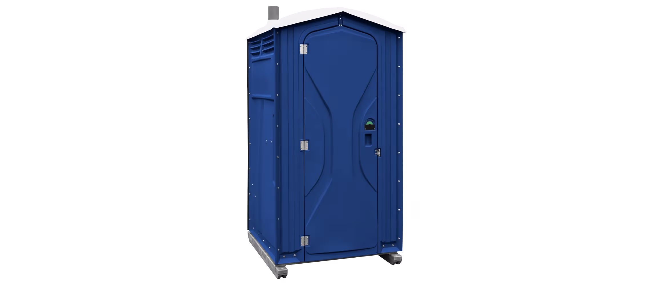 Portable toilet in dark blue with a sloped roof and side ventilation.