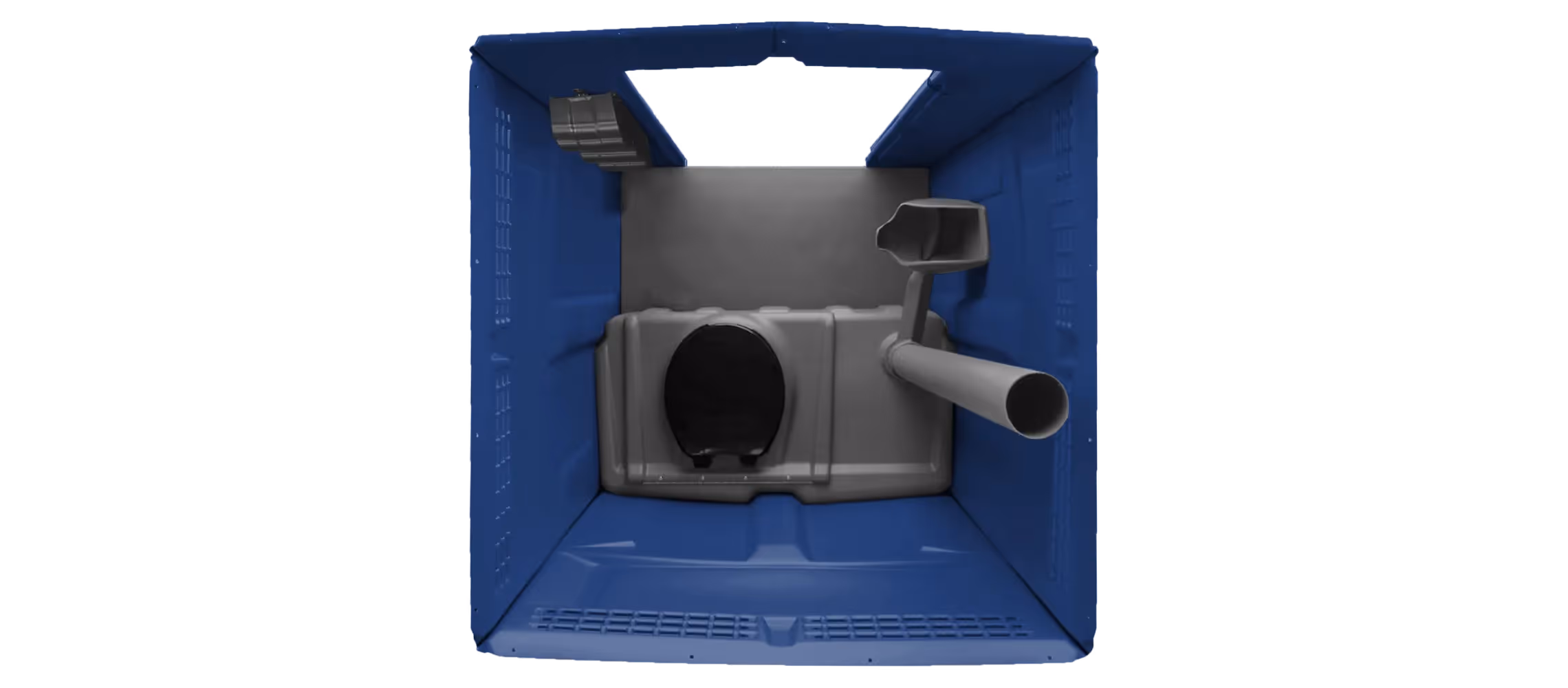 Interior view of a dark blue portable toilet featuring a seat and waste pipe.