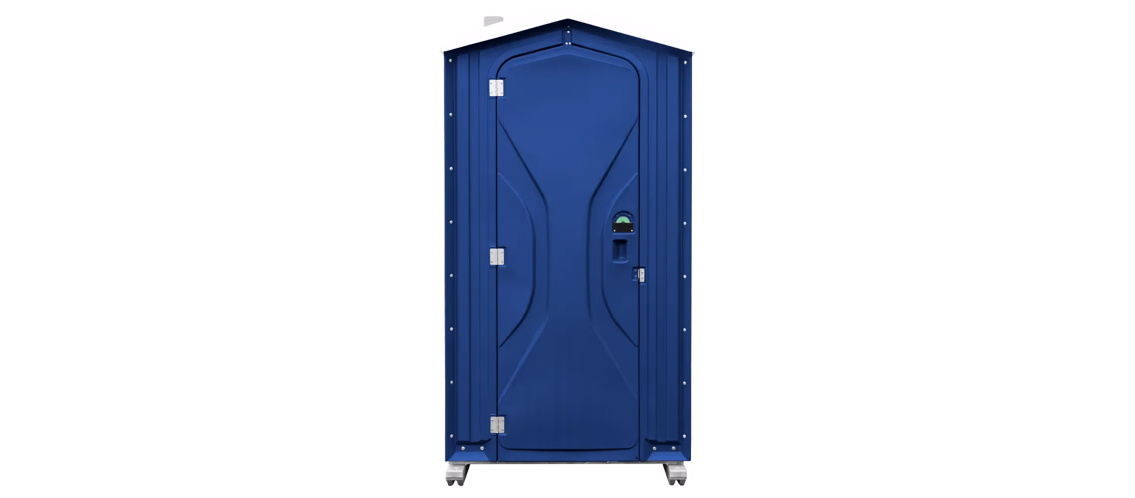 Portable blue restroom with a sloped roof and a single door, featuring locks and ventilation.