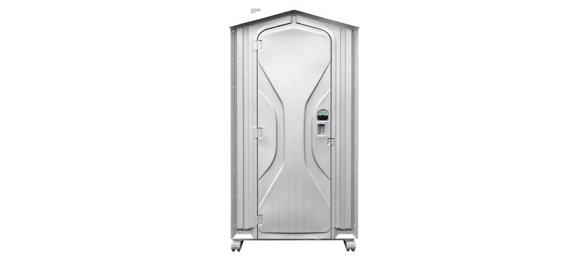A portable white restroom unit with a curved door design on a black background.