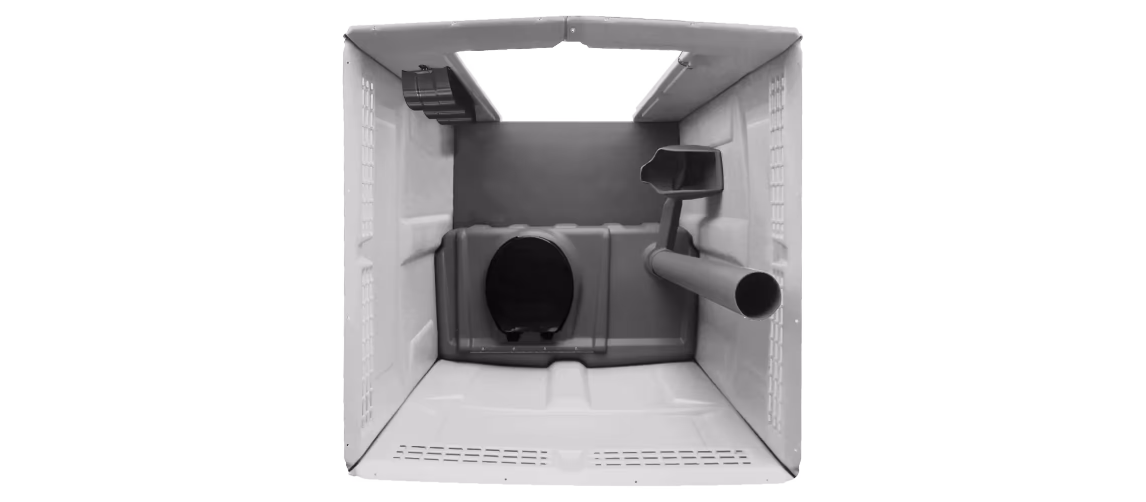 Interior view of a white Tufway dog house with a circular entrance and ventilation pipe.