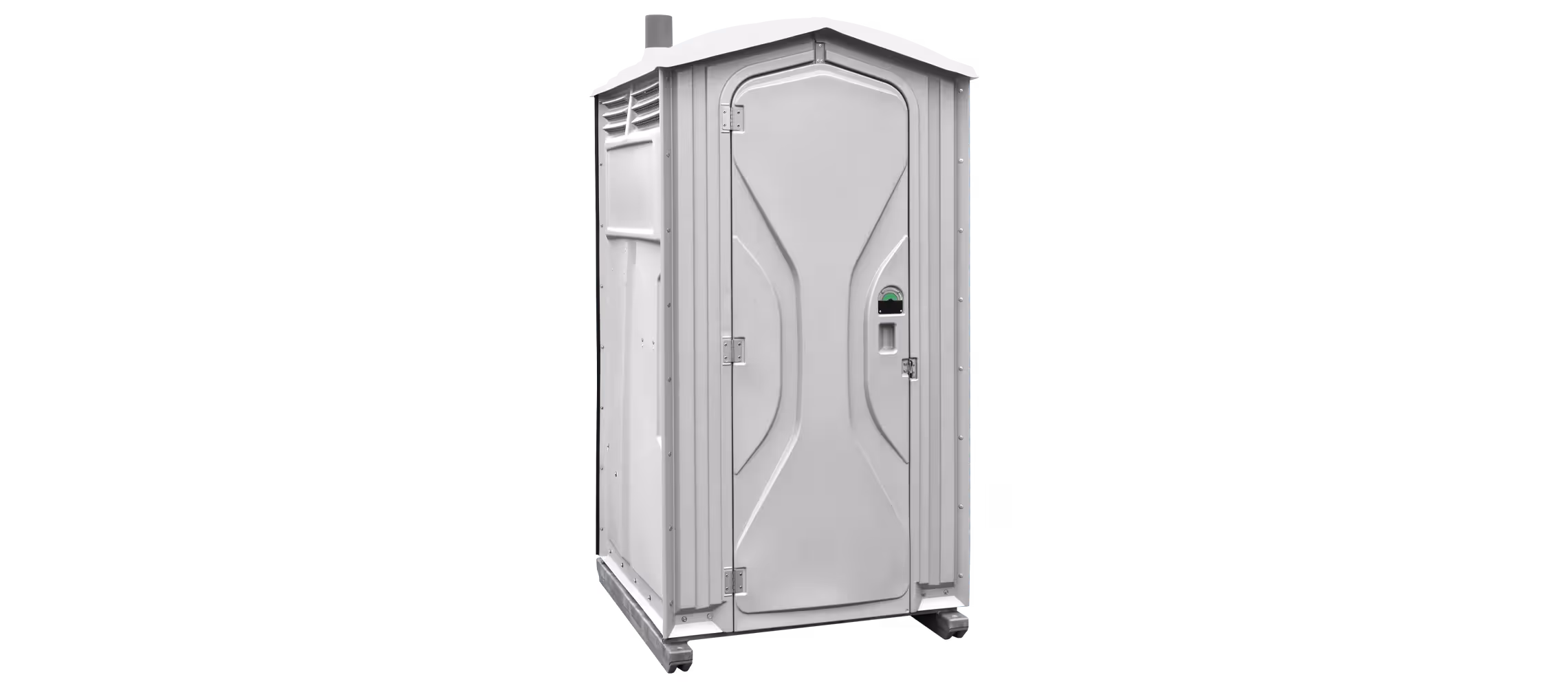 A white portable restroom with a peaked roof and ventilation slots on top.