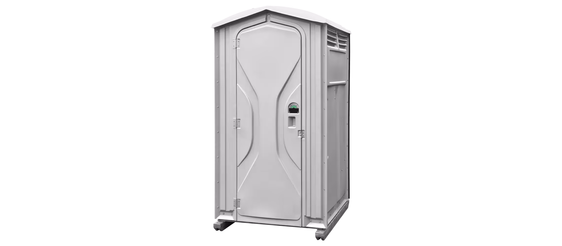 White portable toilet on a black background, featuring a single door and ventilation.