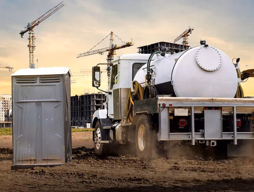 White water tanker truck on a dusty construction site near a portable toilet and cranes.
