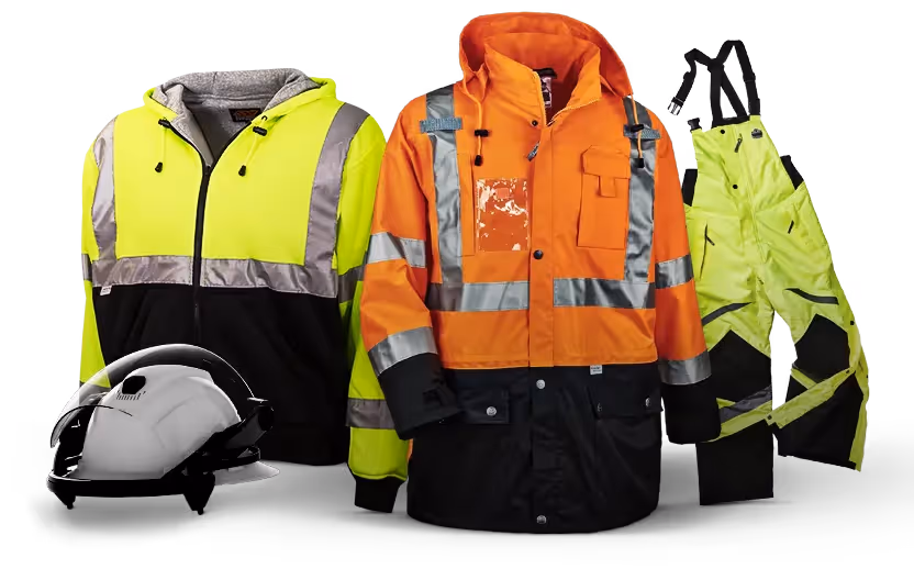 High-visibility safety gear including yellow jacket, orange jacket, yellow bib overalls, and white safety helmet.