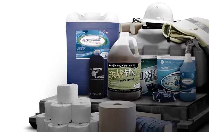 Collection of cleaning supplies including toilet paper, graffiti remover, deodorizer, gloves, and a hard hat.