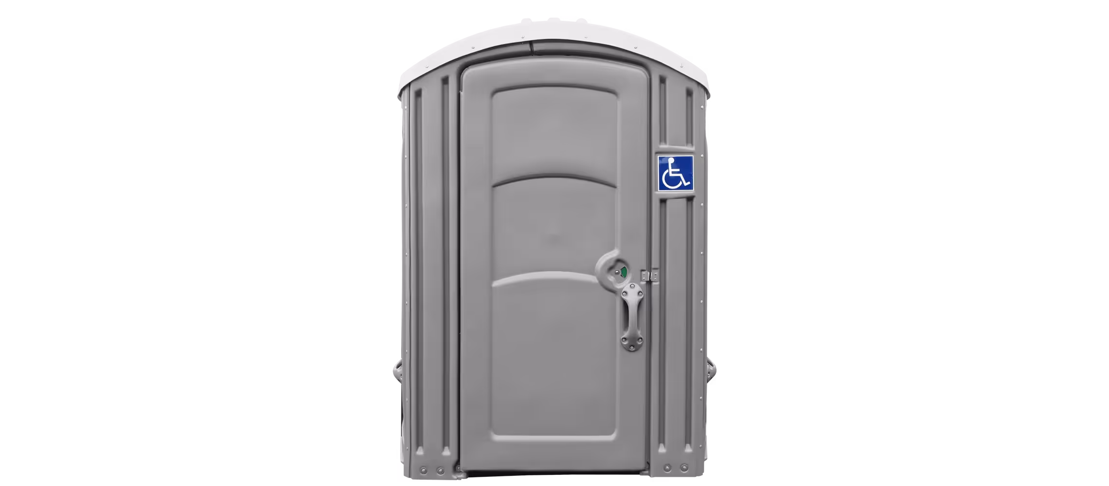 Portable toilet with a gray exterior and a blue handicap accessibility sign.