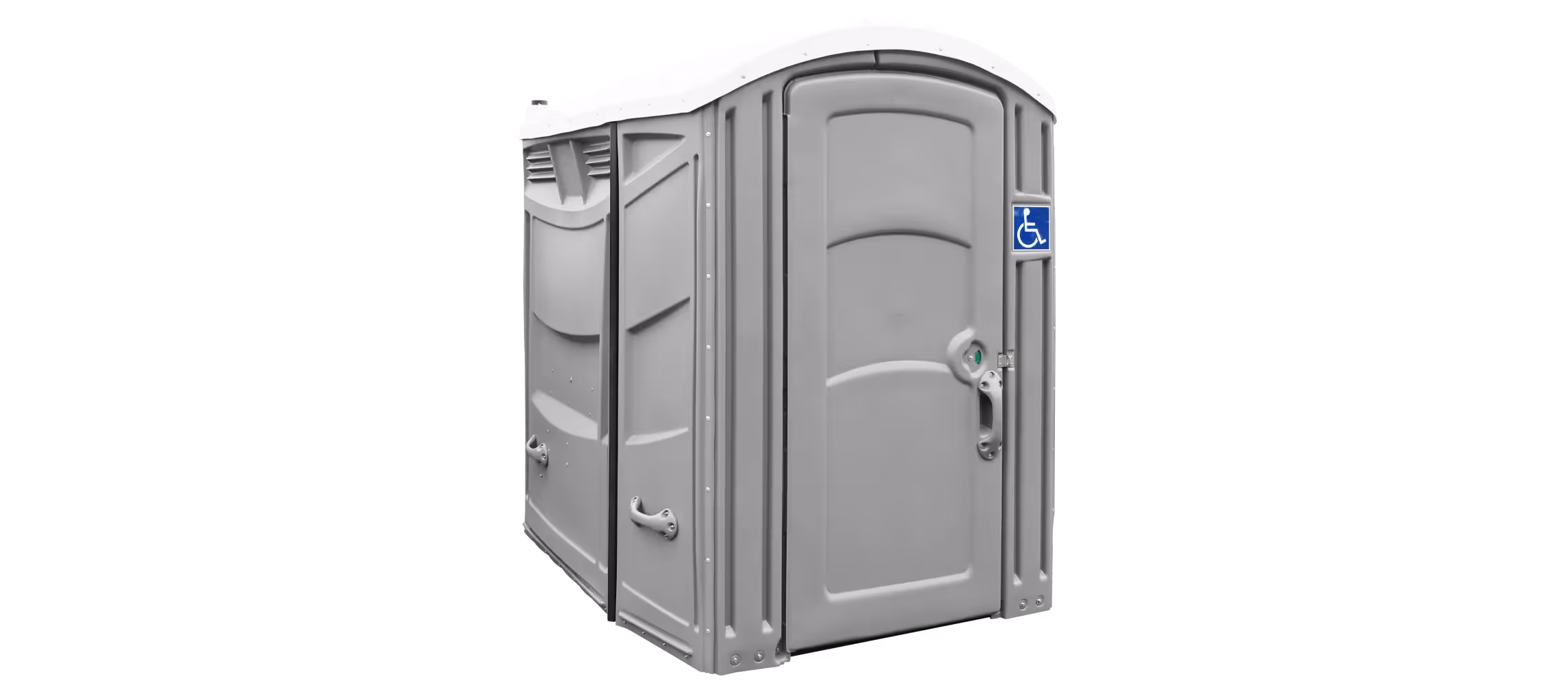 A gray portable toilet with a handicap accessibility sign.
