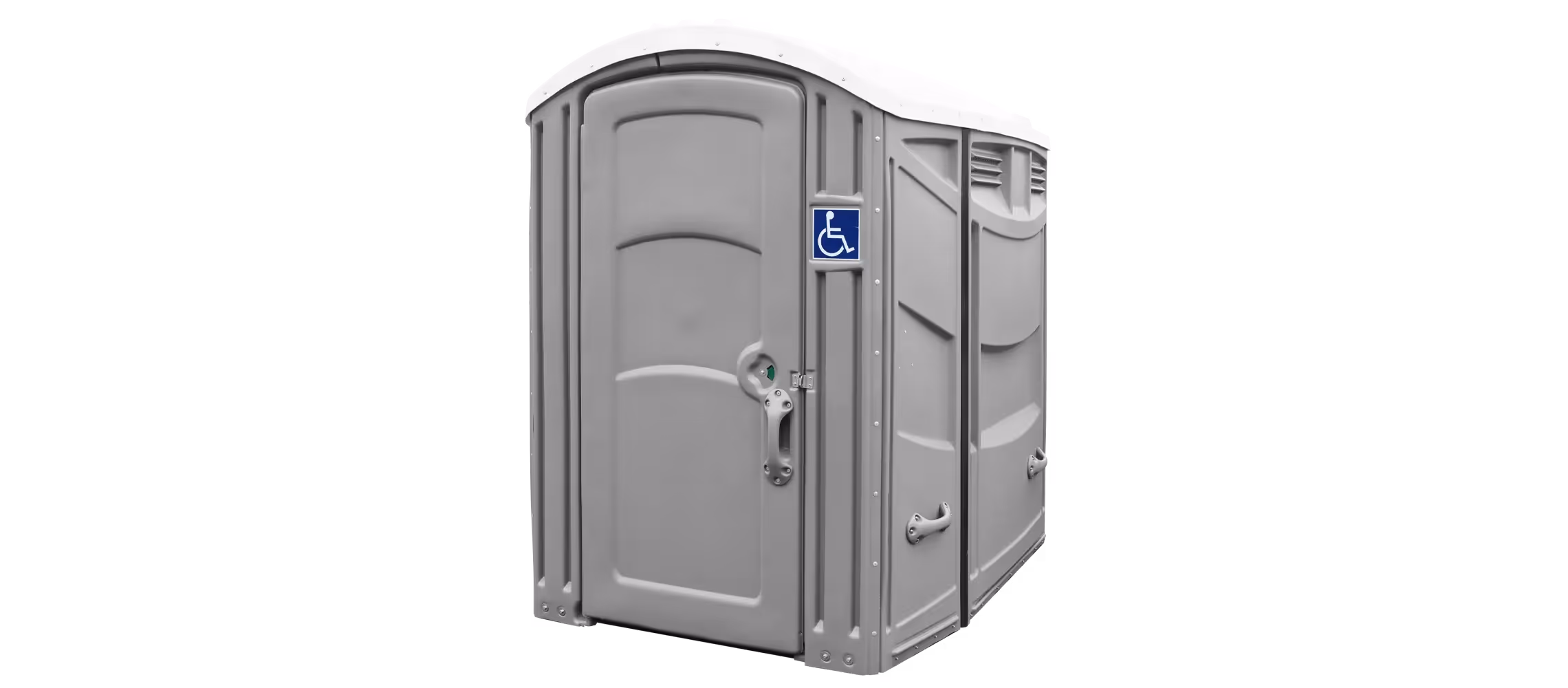 Gray portable restroom with a wheelchair accessibility sign on the front.