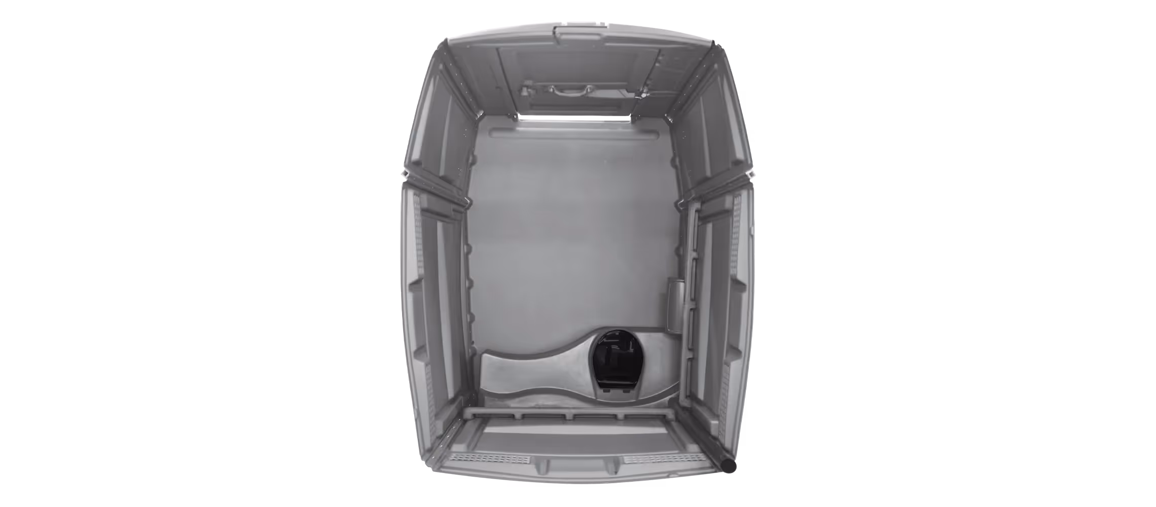Gray plastic storage container with an open top and no contents, viewed from above.