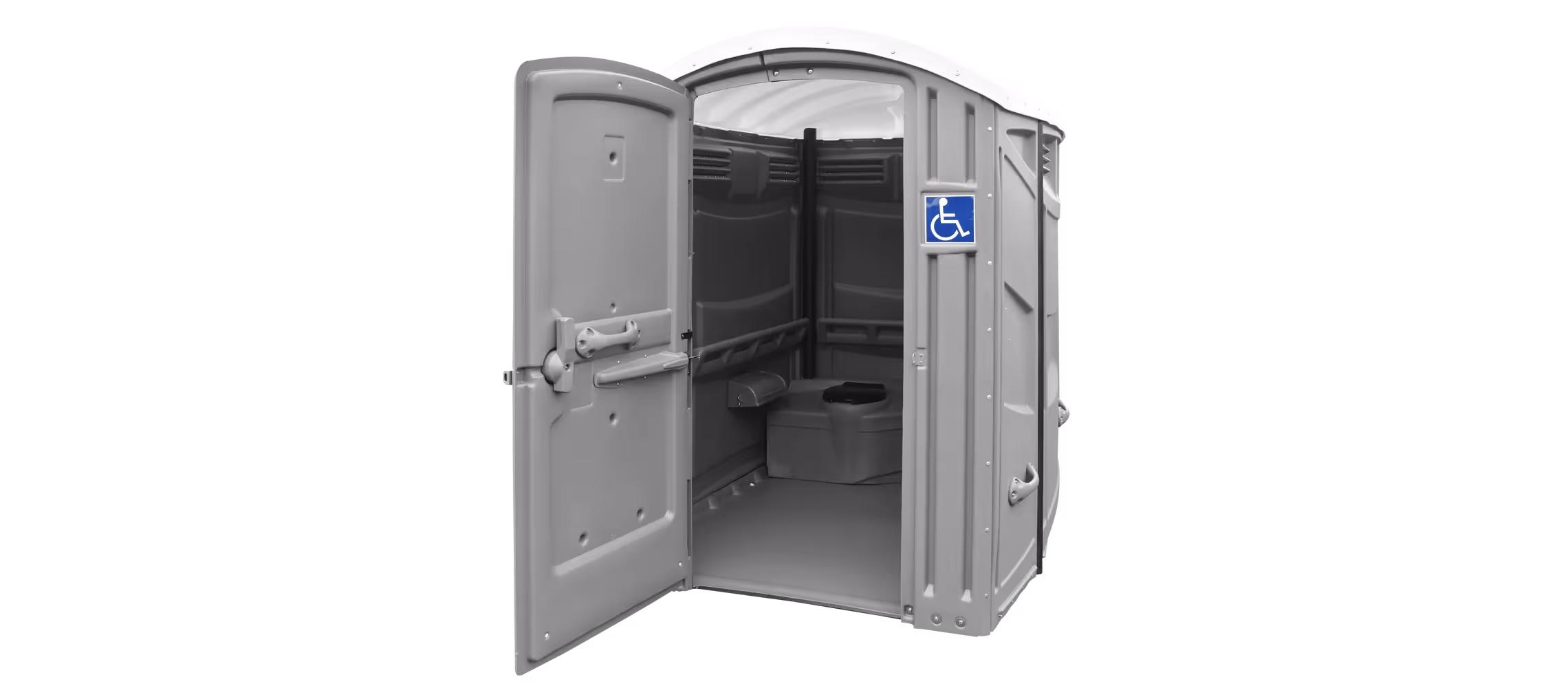 Portable restroom with an open door, featuring a wheelchair accessibility sign inside.