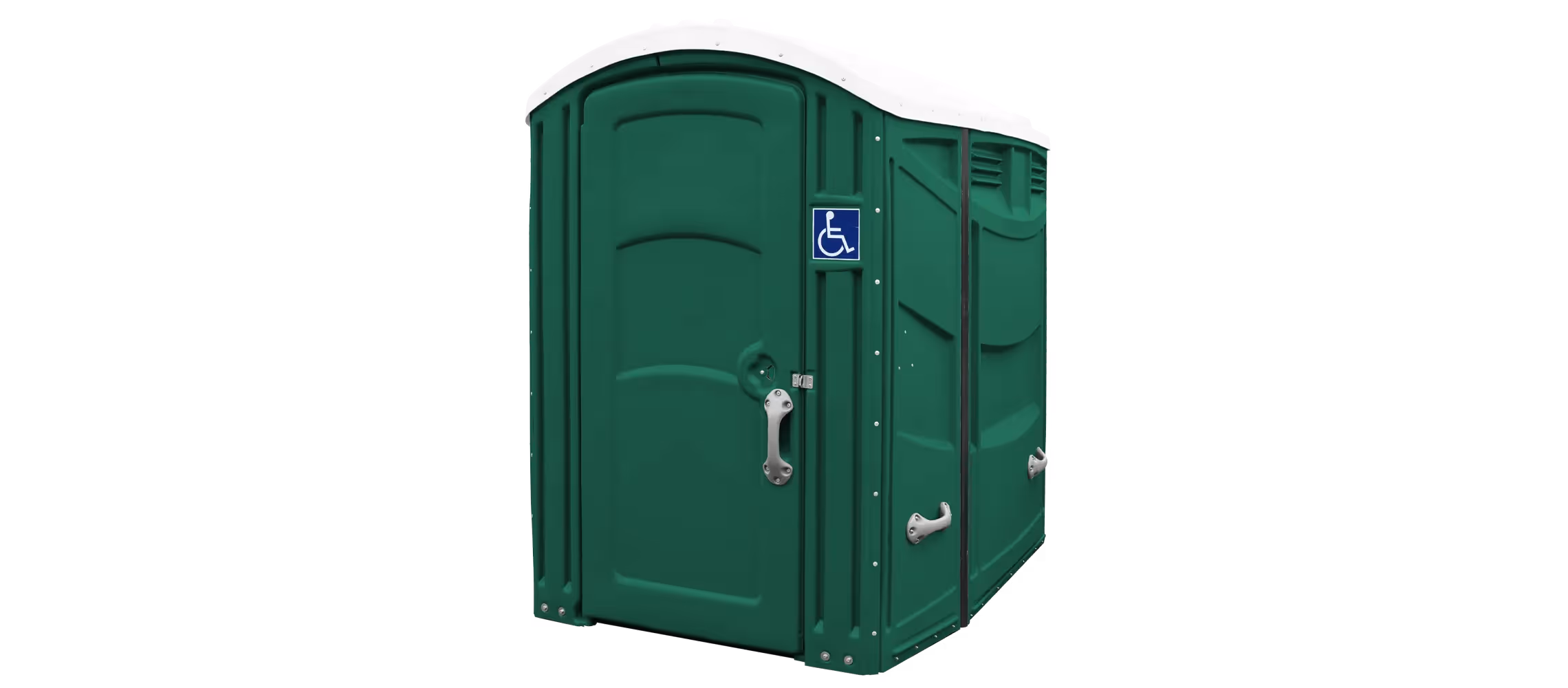 A green portable restroom with a white roof and a wheelchair accessibility symbol.