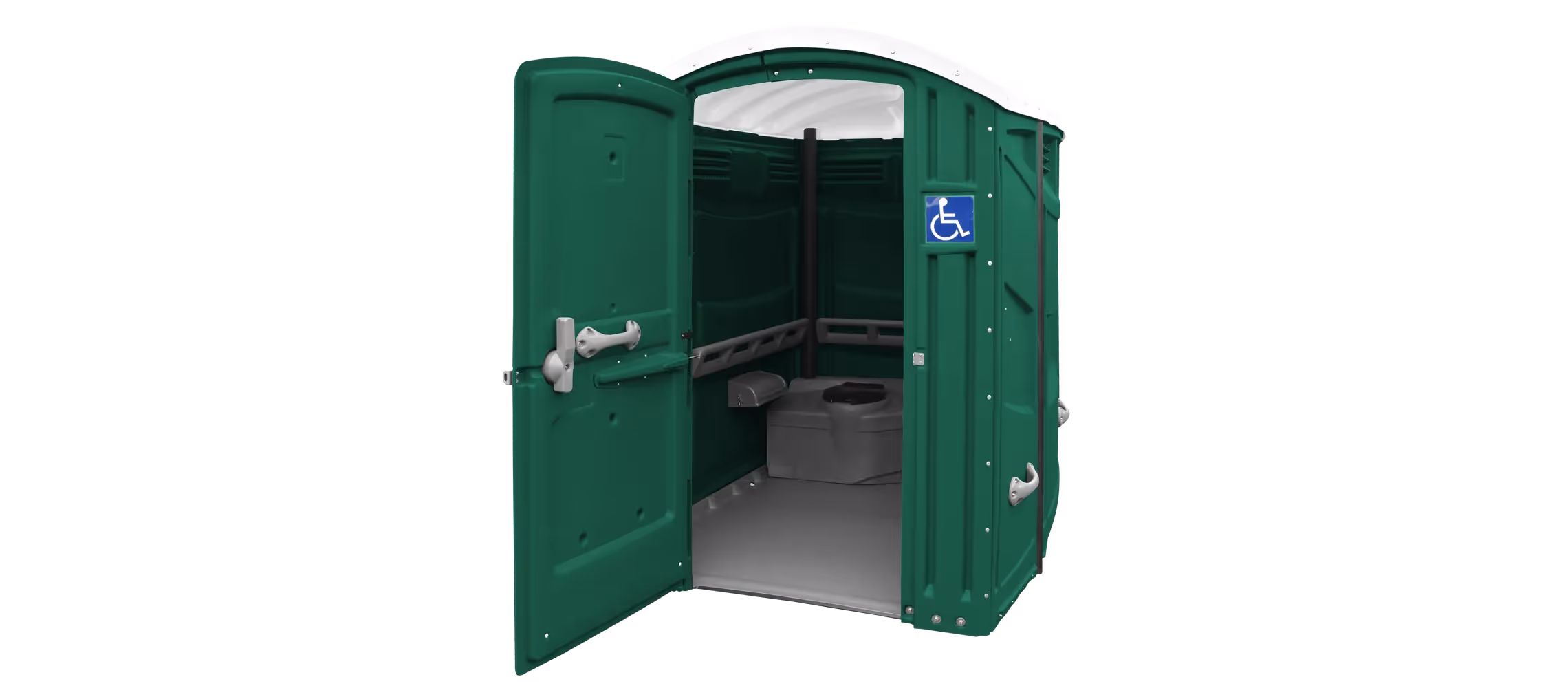 A green portable toilet with an open door, featuring a handicap accessibility sign.