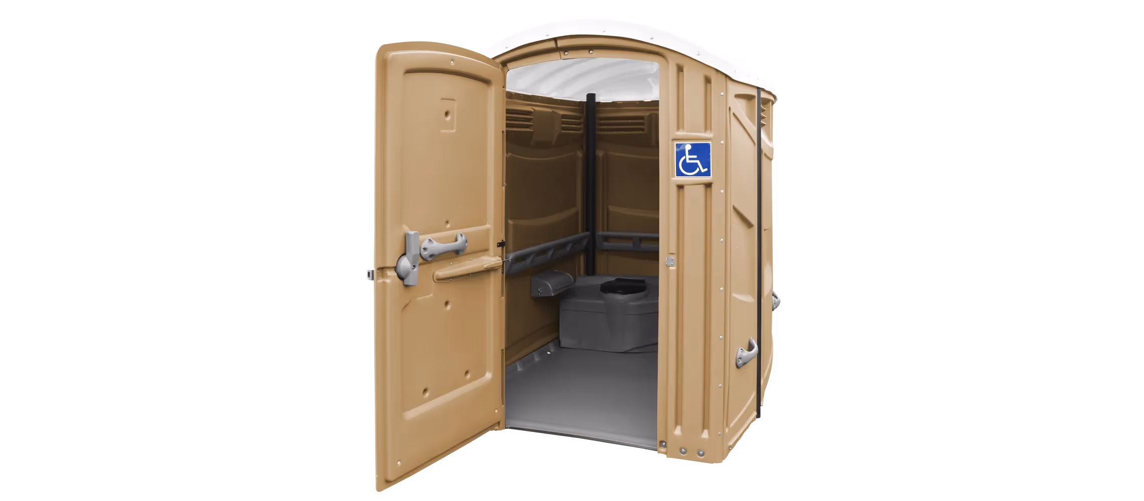 A tan portable toilet with an open door, featuring a handicapped accessibility sign.