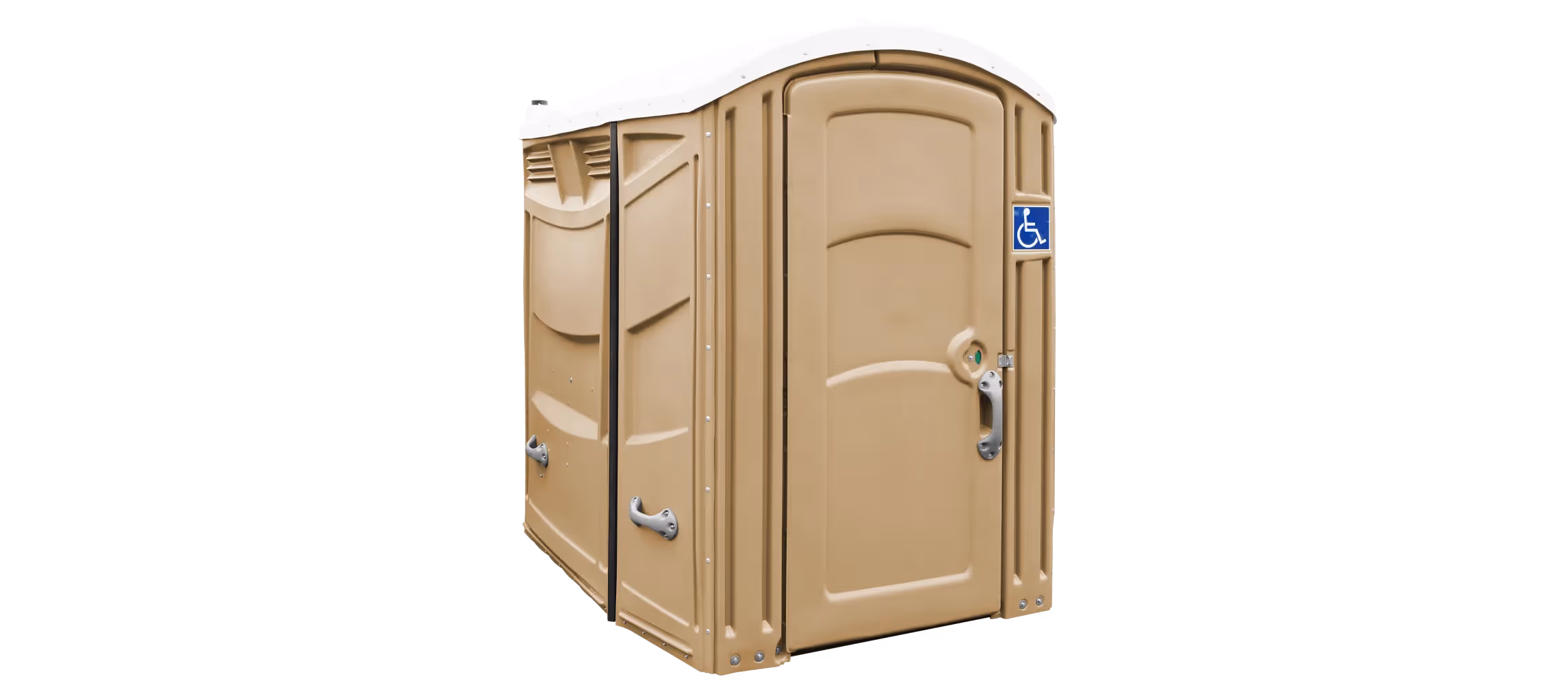 Handicap-accessible portable restroom with a beige exterior and a white roof.