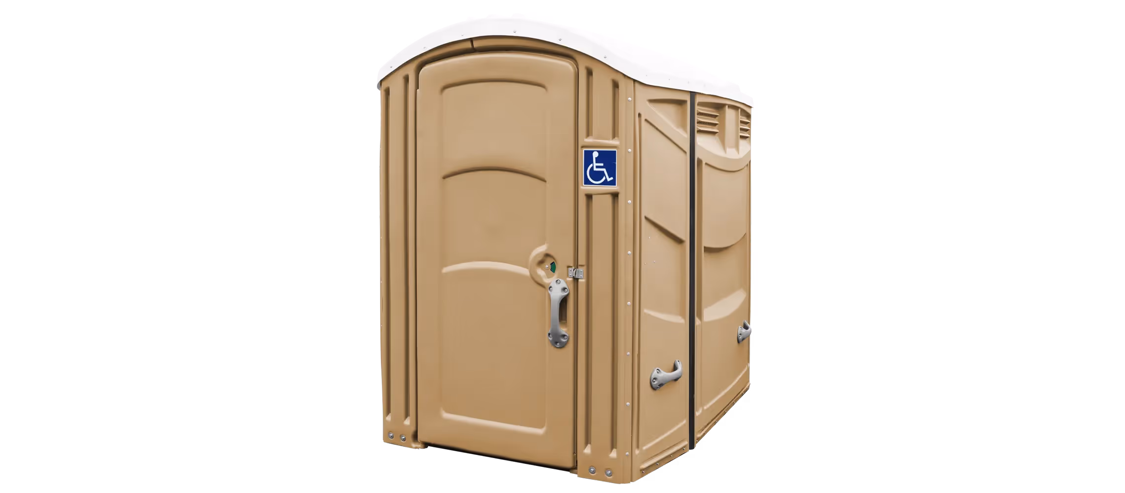Portable toilet with a tan exterior and handicap accessibility sign on the door.