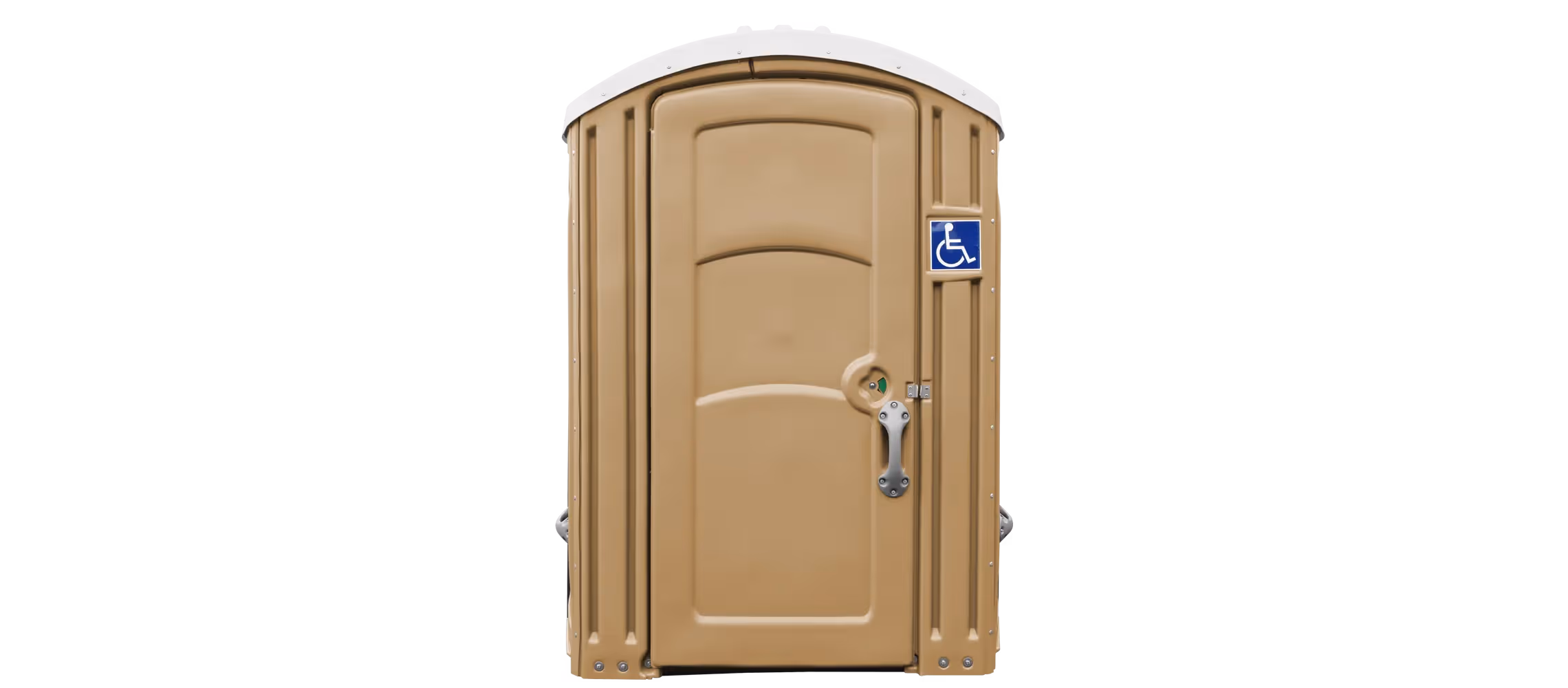 Portable toilet with a wheelchair-accessible sign, beige color, featuring a rounded top.