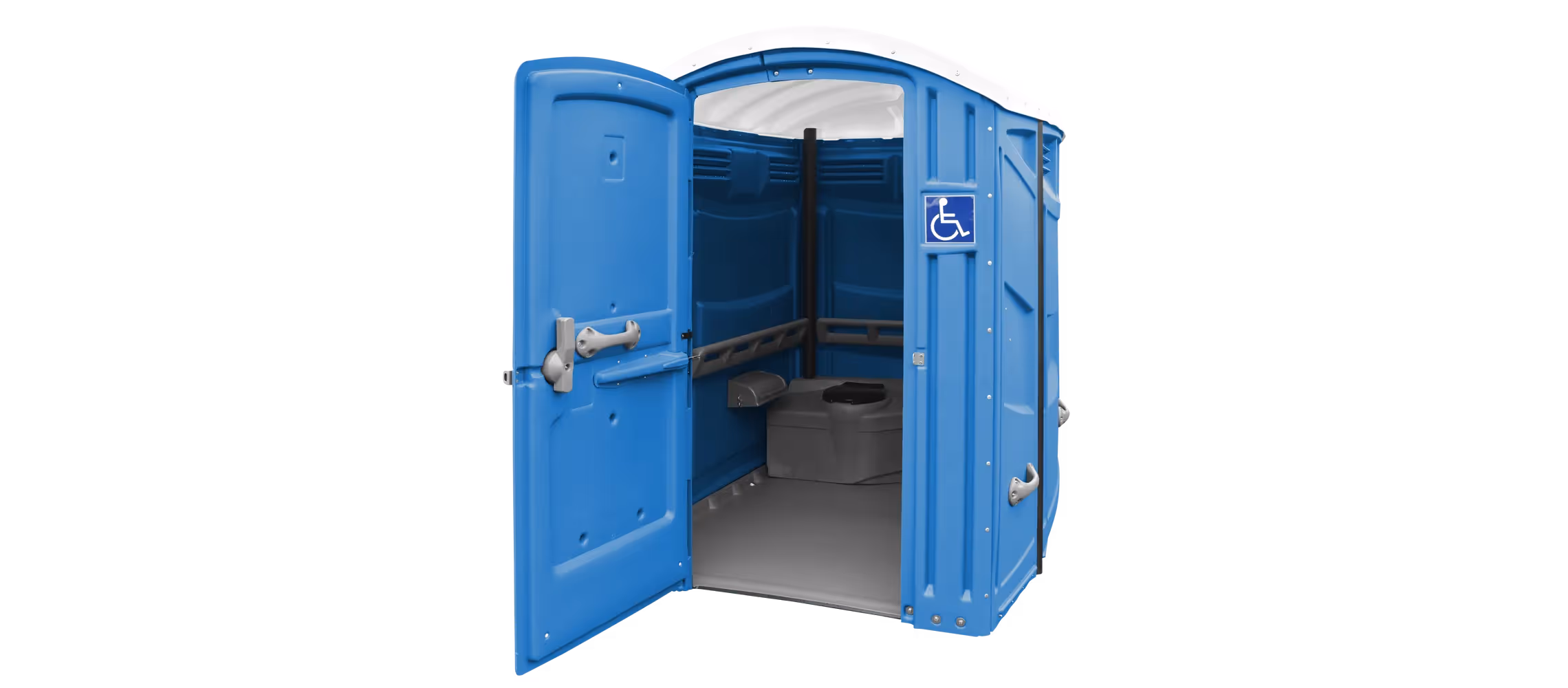 A blue portable toilet with an open door and wheelchair accessibility sign.