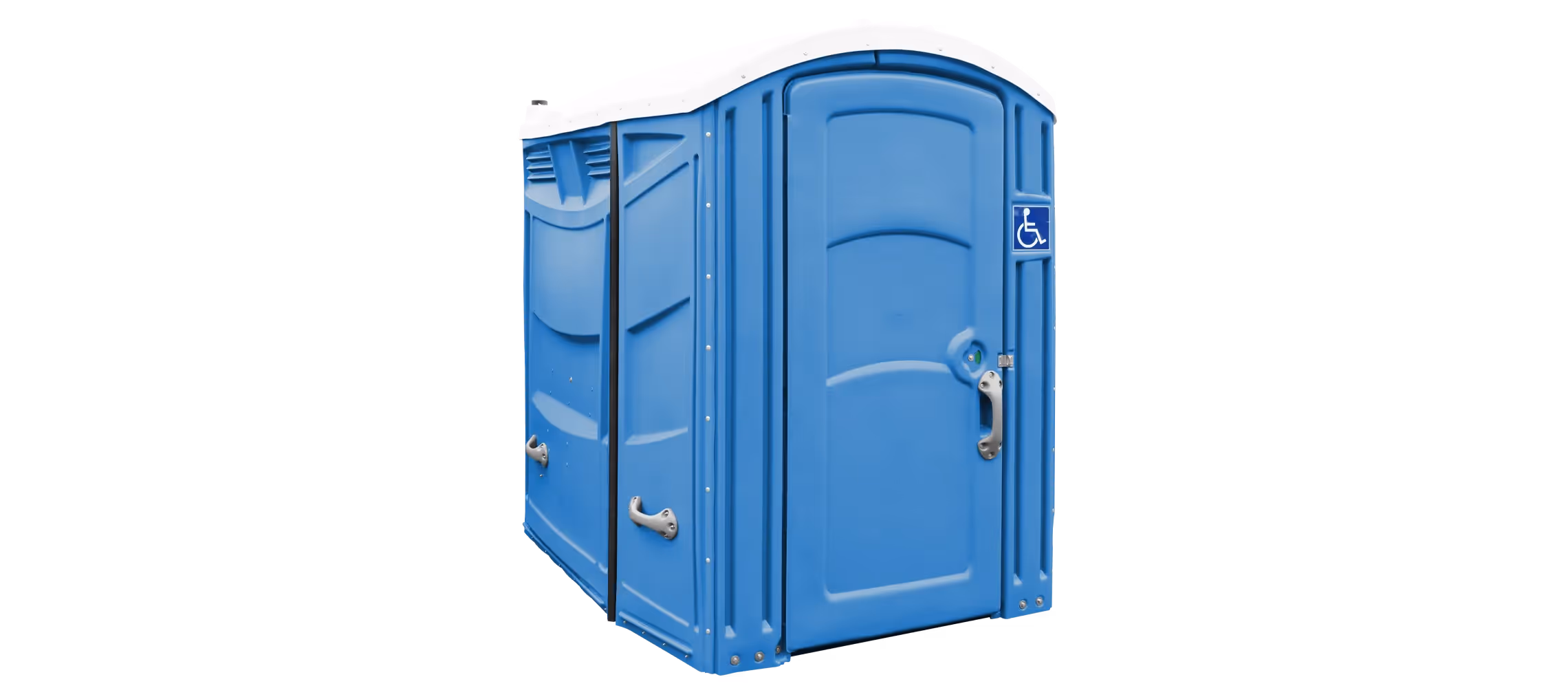 Blue portable toilet with a white roof and a wheelchair access symbol on the door.