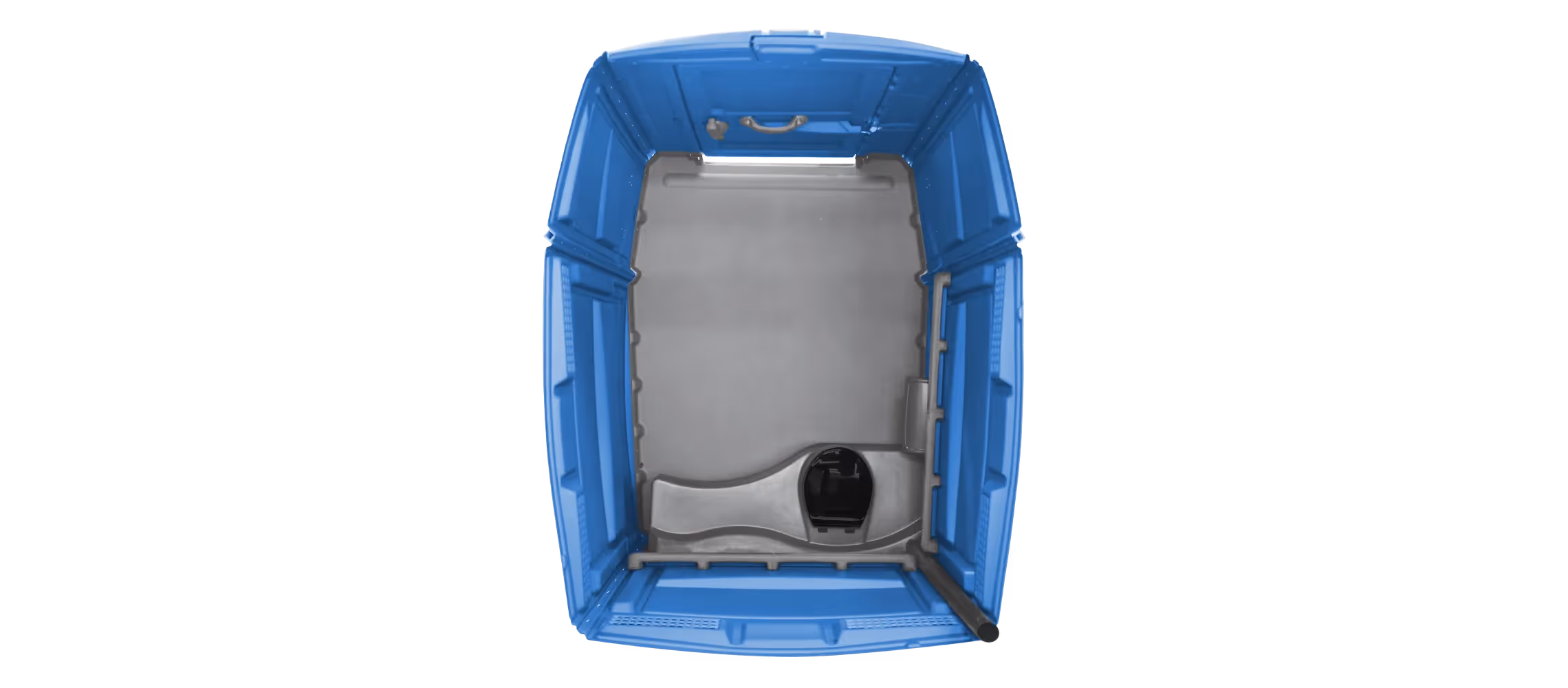 Top view of a blue portable restroom with a gray interior and a black toilet seat.